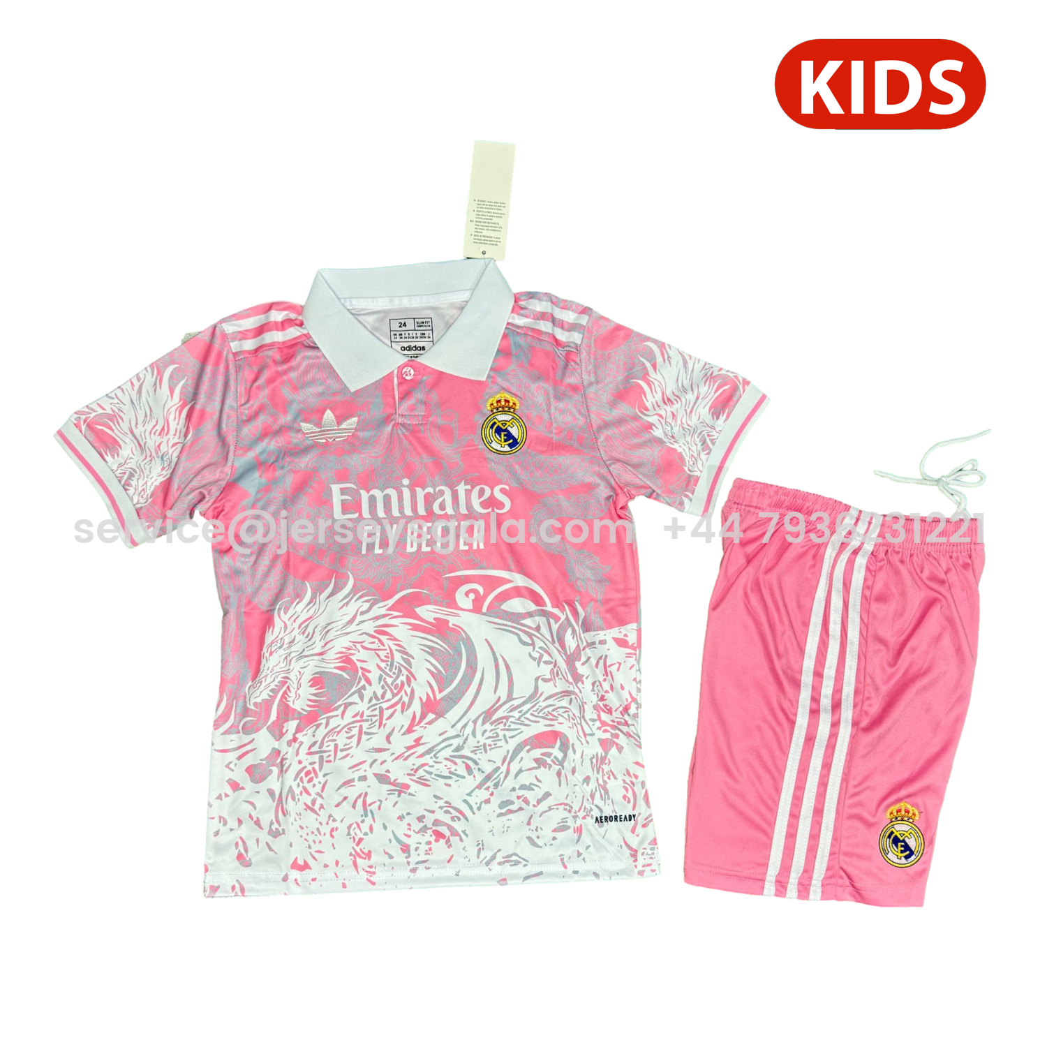 JerseysGala.com | Real Madrid 25-26 White Fire Dragon Pink Special Polo Kids Kit -Customize Name, Number and Patch | Worldwide Shipping