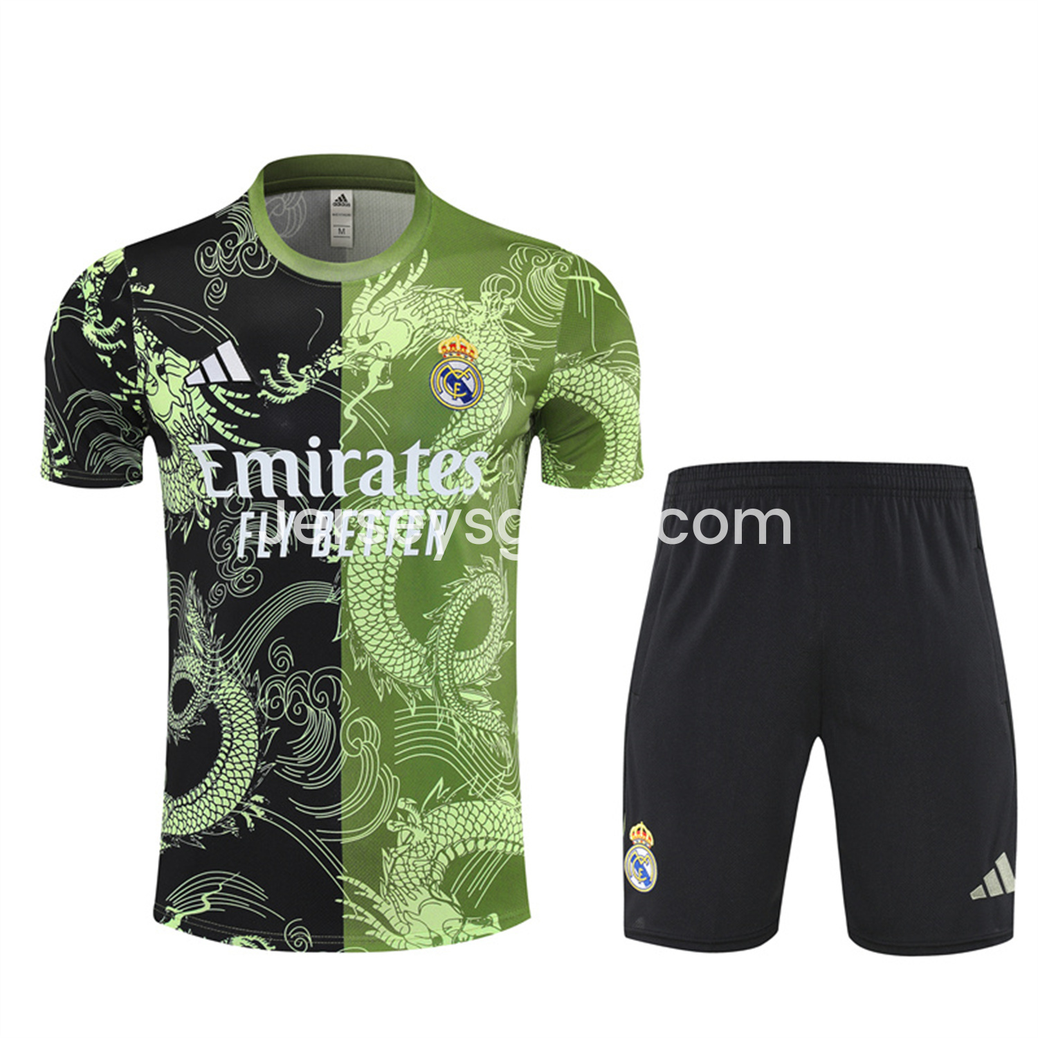 JerseysGala.com | Real Madrid 25-26 Kid Short-Sleeve Training Set - Green Black Top & Black Shorts -Customize Name, Number and Patch | Worldwide Shipping