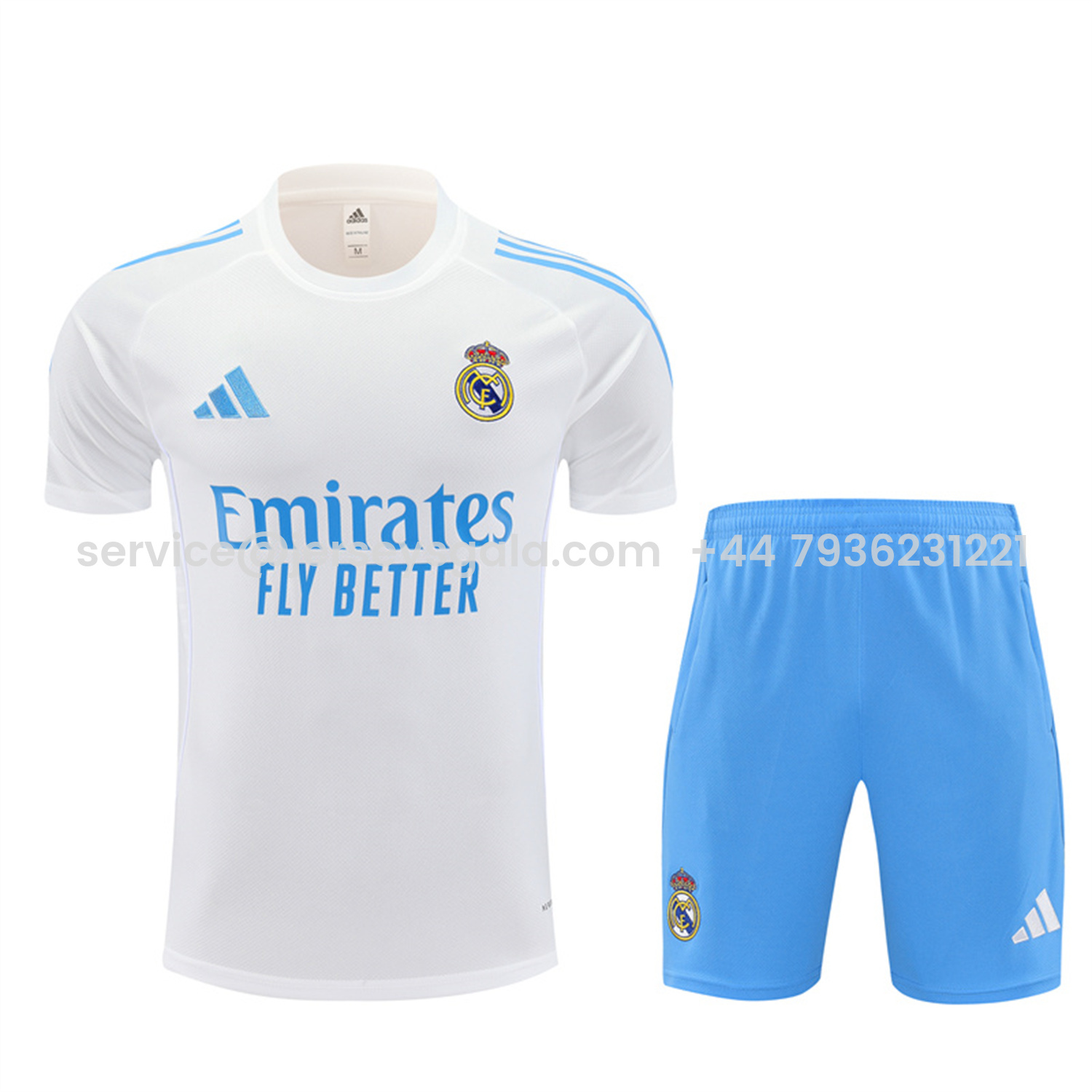 JerseysGala.com | Real Madrid 25-26 Kids Short-Sleeve Training Set - White Top and Sky Blue Shorts -Customize Name, Number and Patch | Worldwide Shipping