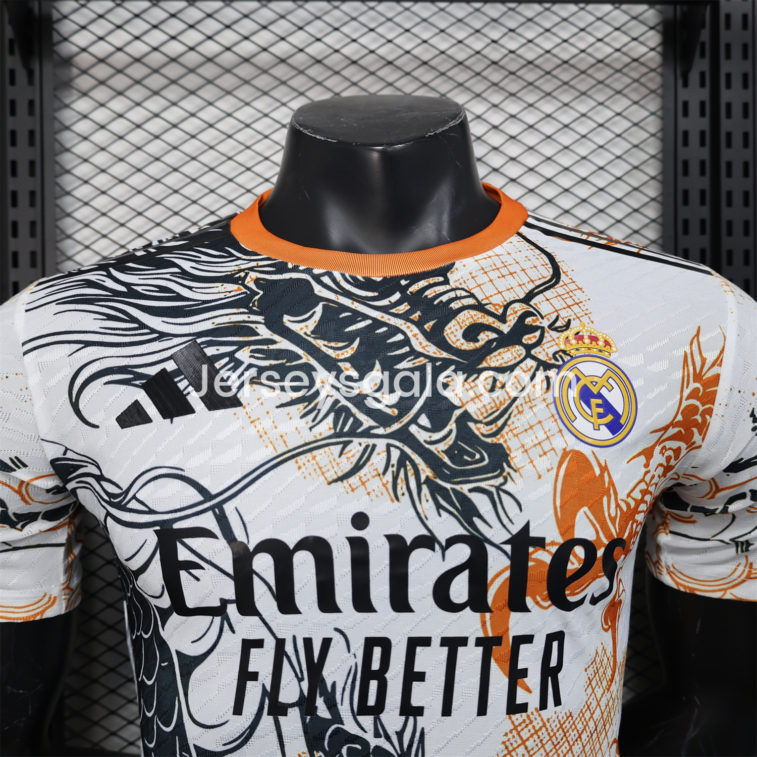 JerseysGala.com | Real Madrid 24-25 Black & Orange Loong White Jersey - Player Version -Customize Name, Number and Patch | Worldwide Shipping