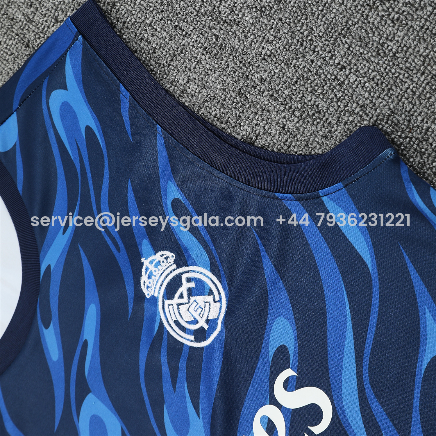 JerseysGala.com | Real Madrid 25-26 Vest Training Set - Blue Water Pattern Top & Deep Blue Shorts -Customize Name, Number and Patch | Worldwide Shipping