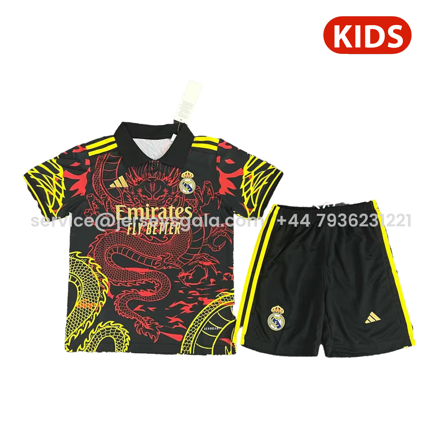 JerseysGala.com | Real Madrid 25-26 Yellow And Red Dragon Black Special Kids Kit -Customize Name, Number and Patch | Worldwide Shipping