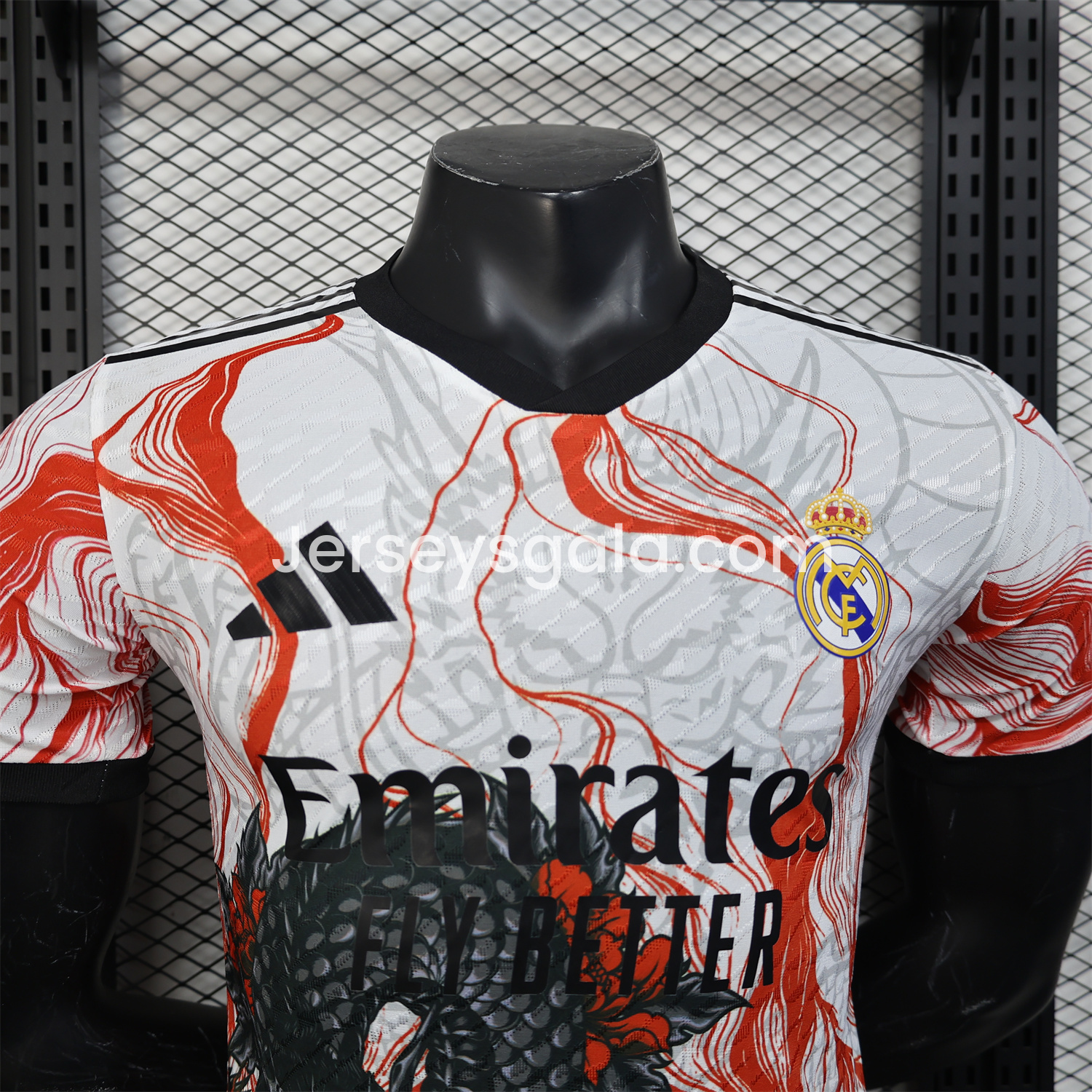 JerseysGala.com | Real Madrid 24-25 Black & Red Loong White Jersey - Player Version -Customize Name, Number and Patch | Worldwide Shipping