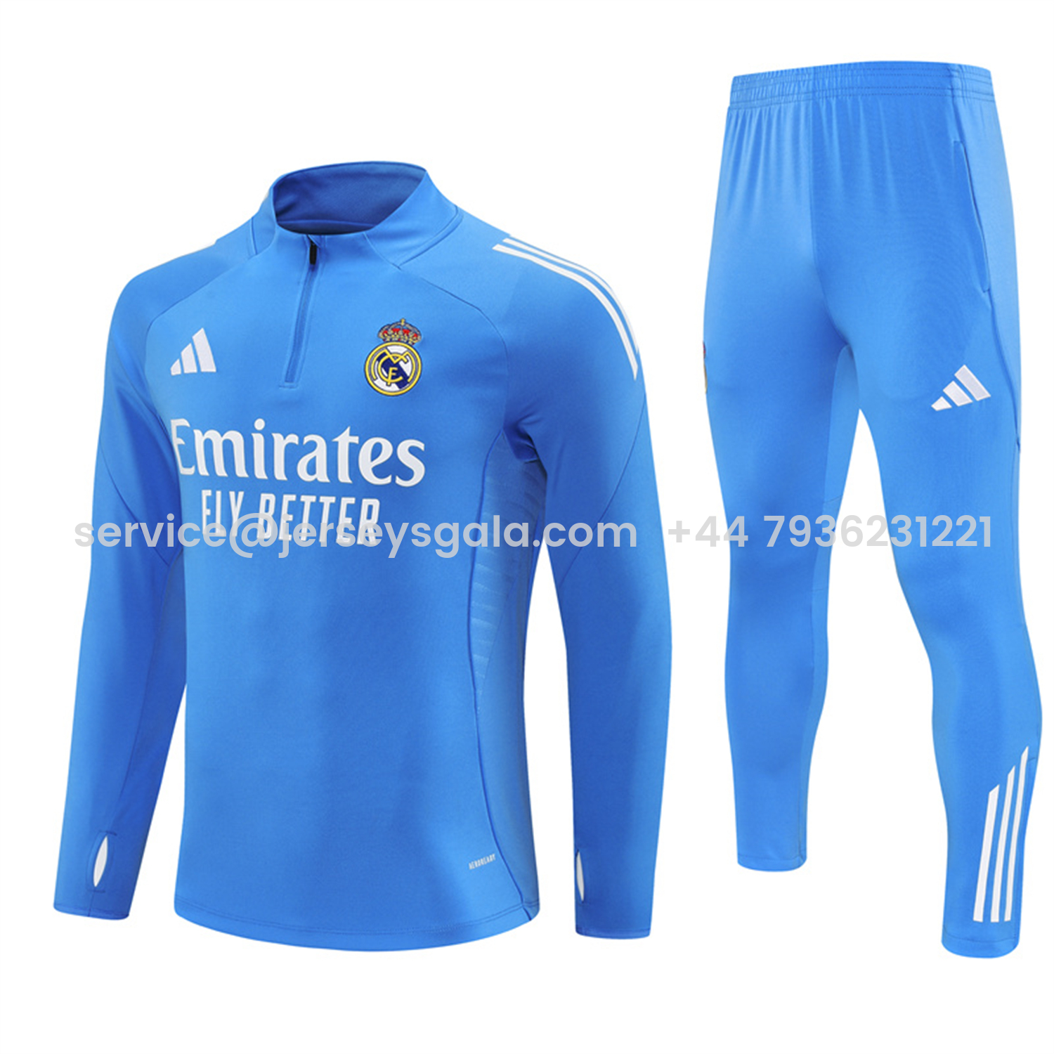 JerseysGala.com | Real Madrid 25-26 Long Sleeve Training Set - Bright Blue Top & Pants -Customize Name, Number and Patch | Worldwide Shipping