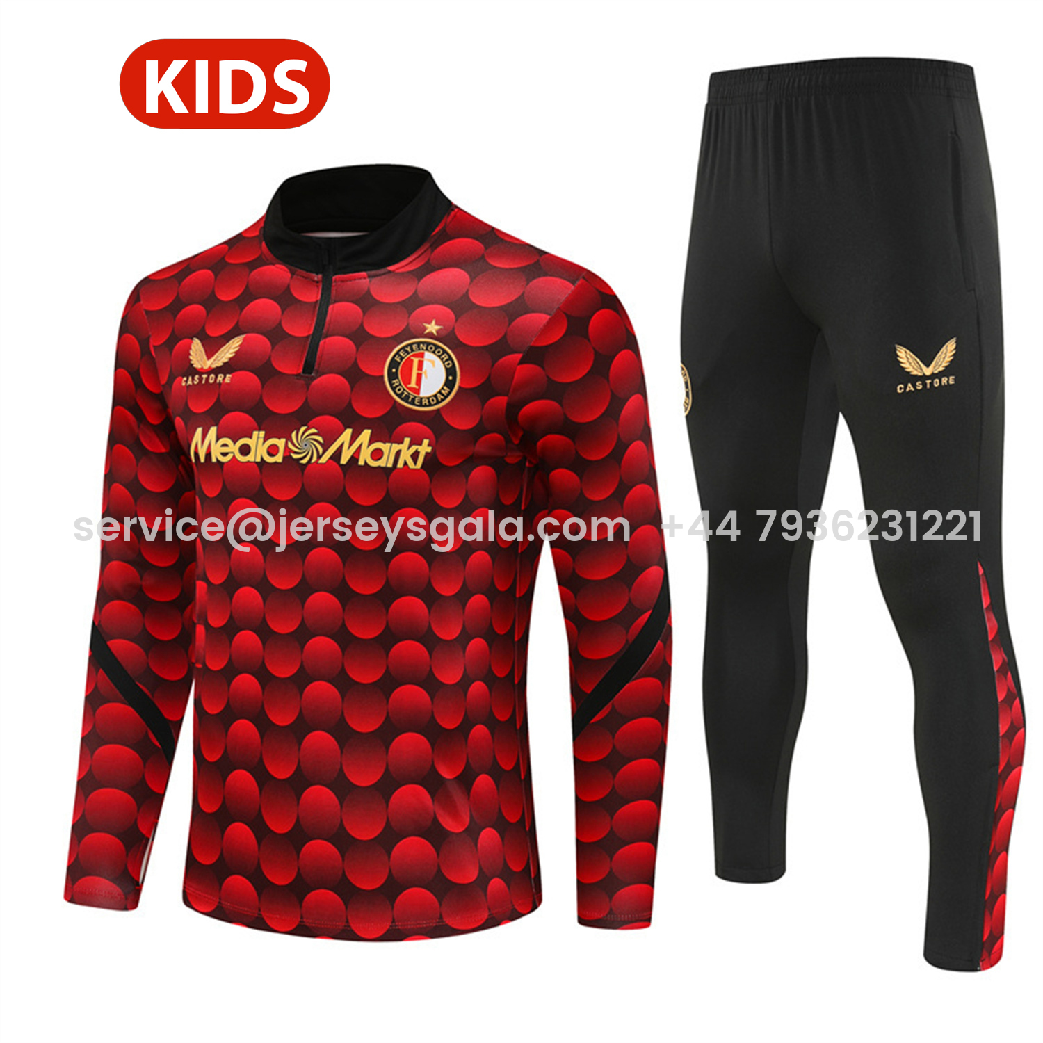 JerseysGala.com | Feyenoord 25-26 Kids Long Sleeve Training Set - Red Top & Black Pants -Customize Name, Number and Patch | Worldwide Shipping