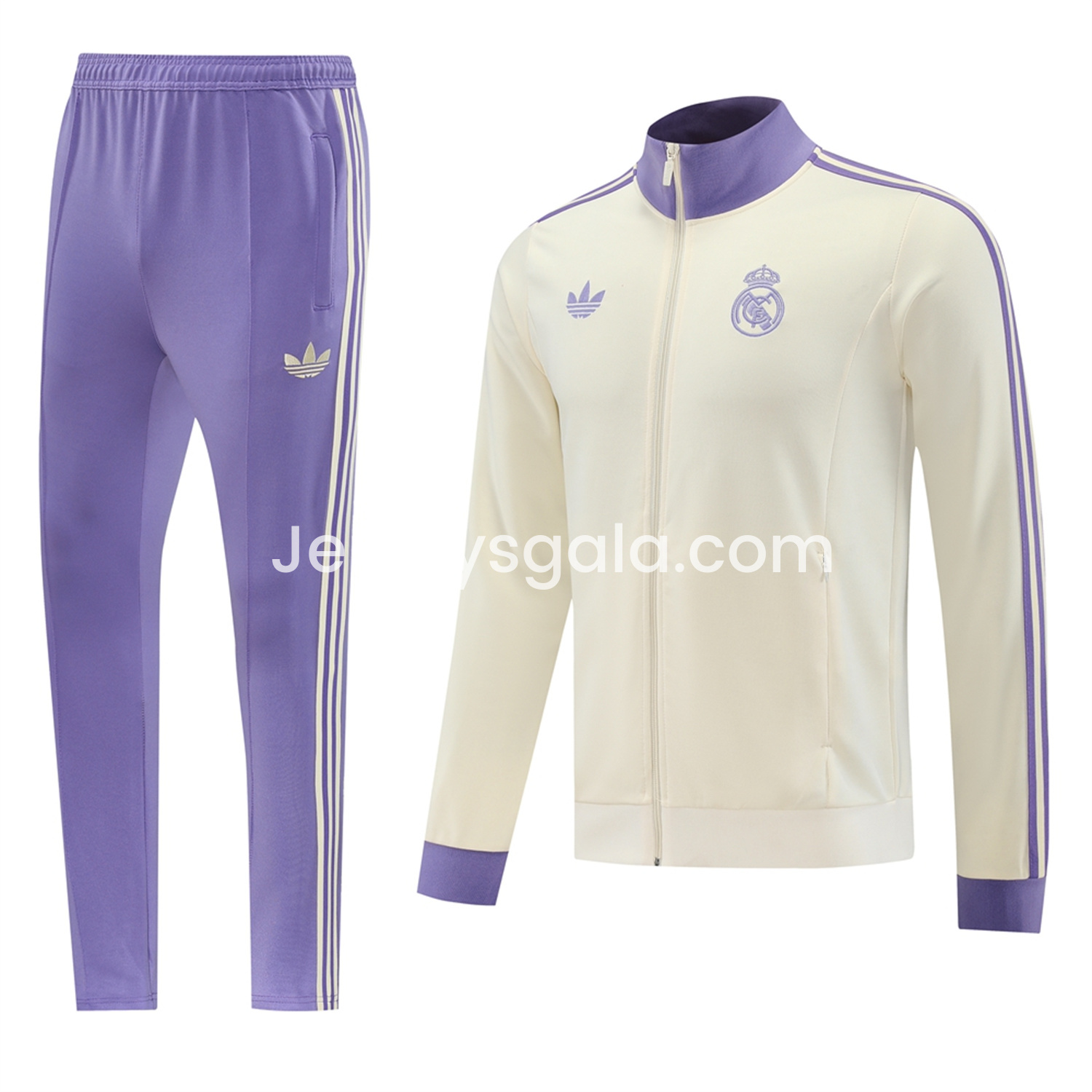 JerseysGala.com | Real Madrid 24-25 Throwback Jacket Training Tracksuit - Off-white Jackets & Purple Pants -Customize Name, Number and Patch | Worldwide Shipping