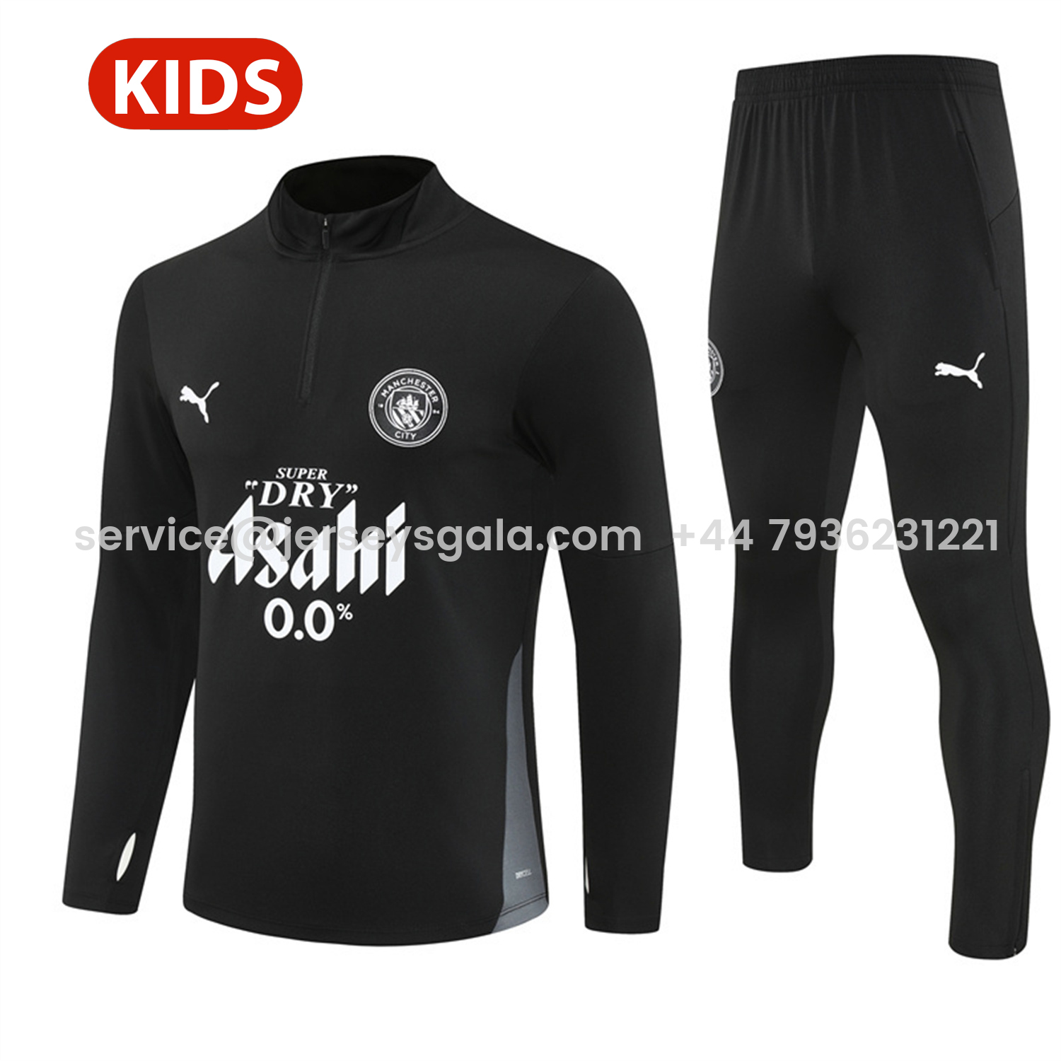 JerseysGala.com | Manchester City 25-26 Kids Long Sleeve Training Set - Black Top & Black Pants -Customize Name, Number and Patch | Worldwide Shipping