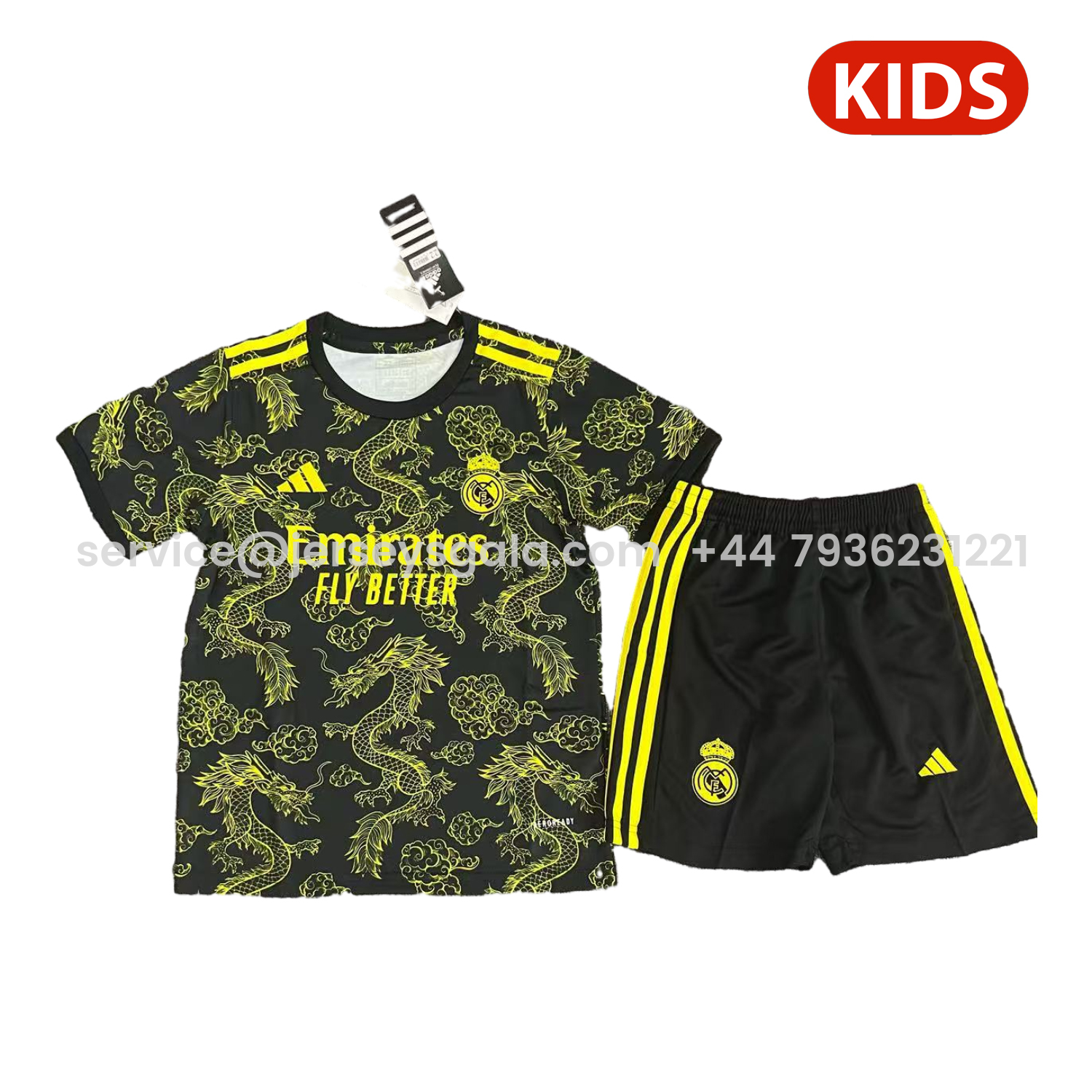 JerseysGala.com | Real Madrid 25-26 Yellow Dragon Yellow Logo Black Special Kids Kit -Customize Name, Number and Patch | Worldwide Shipping