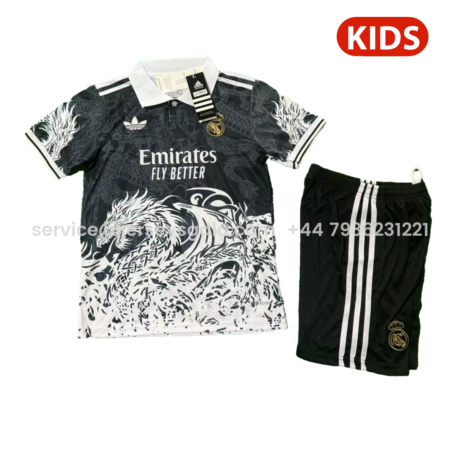 JerseysGala.com | Real Madrid 25-26 White Fire Dragon Black Special Polo Kids Kit -Customize Name, Number and Patch | Worldwide Shipping