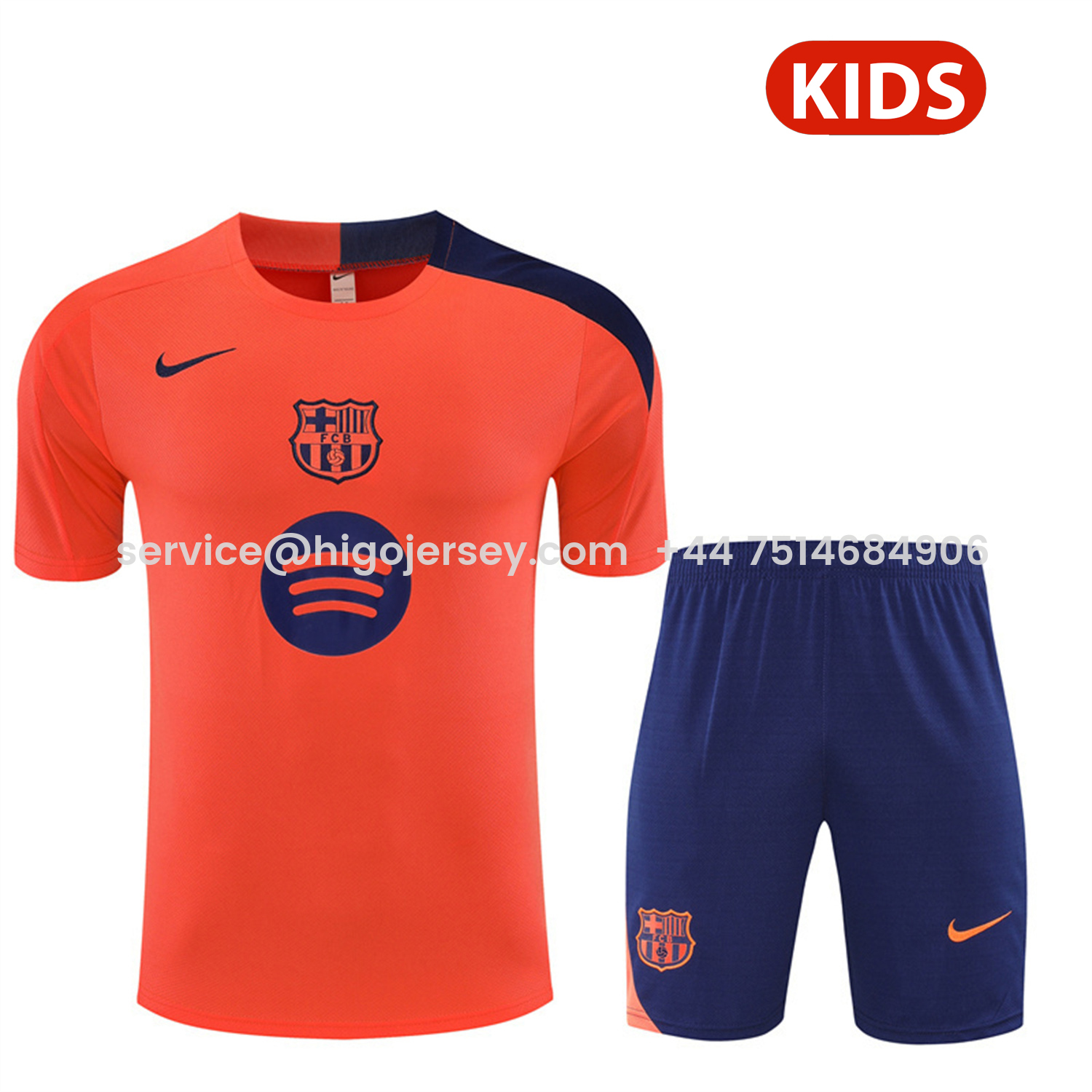 Higojerseys-Barcelona 25-26 Kids Short-Sleeve Training Set - Orange Top Royal Blue Sponsor & Royal Blue Shorts