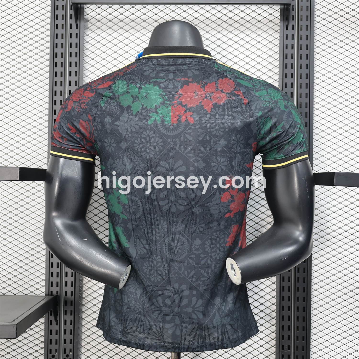 Higojerseys-Mexico 25-26 Black Polo Jersey with Red and Green Floral Pattern - Player Version
