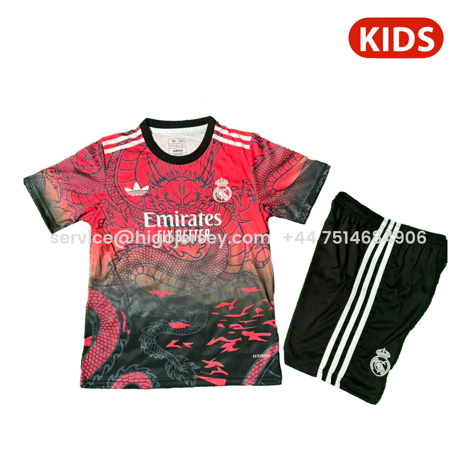 Higojerseys-Real Madrid 25-26 Black Dragon Red Special Kids Kit