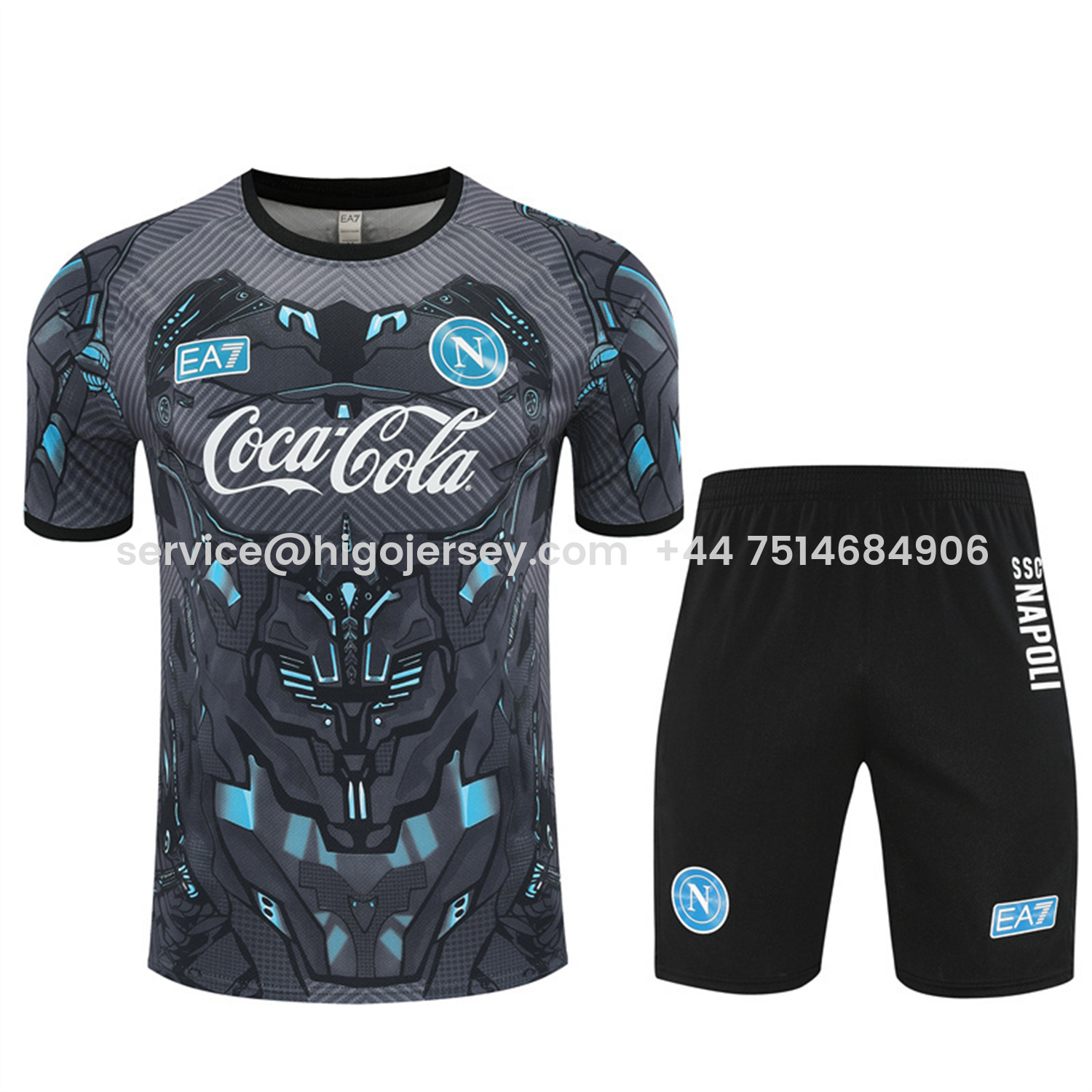 Higojerseys-Napoli 25-26 Kids Short-Sleeve Training Set - Gray Mecha Top & Black Shorts