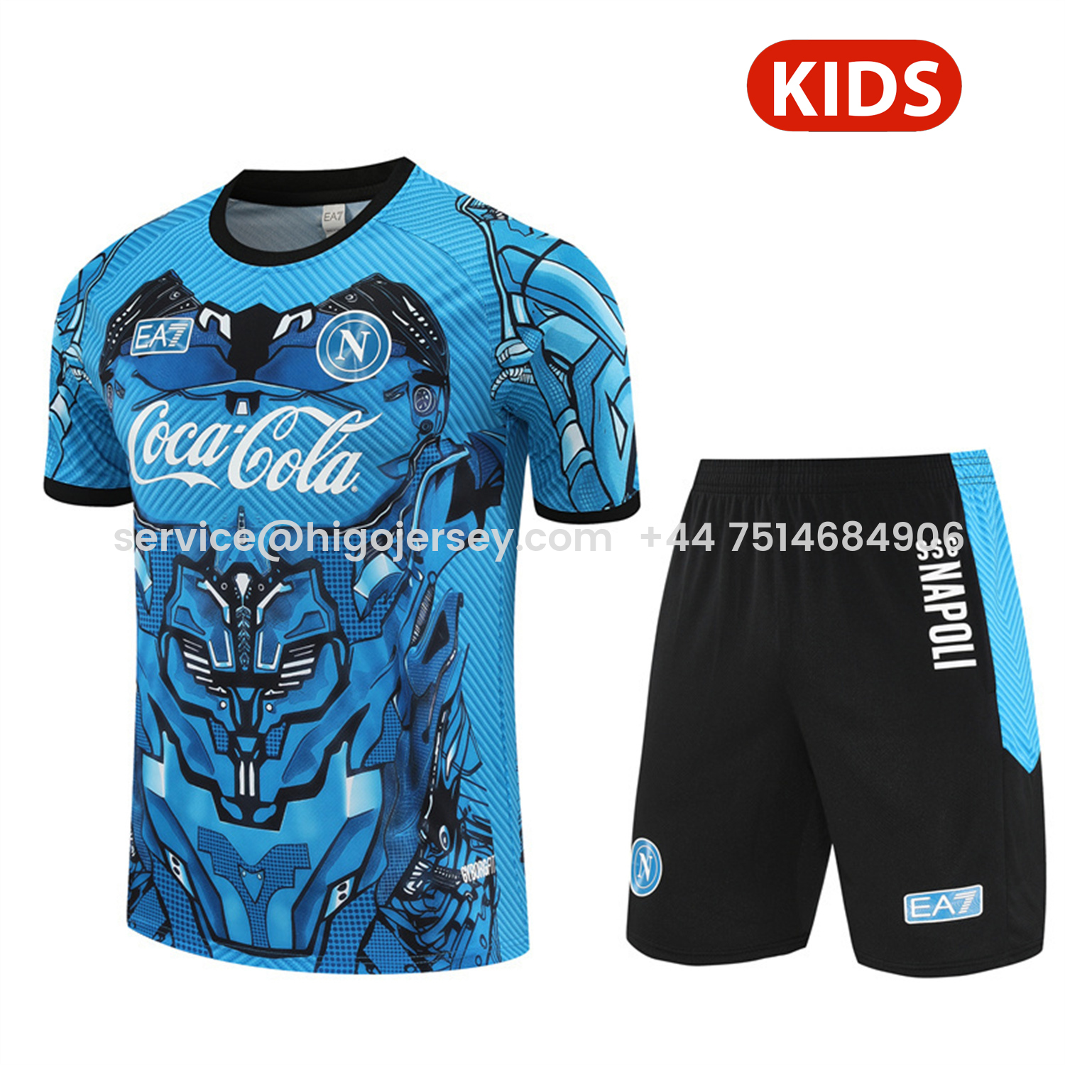Higojerseys-Napoli 25-26 Kids Short-Sleeve Training Set - Blue Mecha Top & Black Shorts