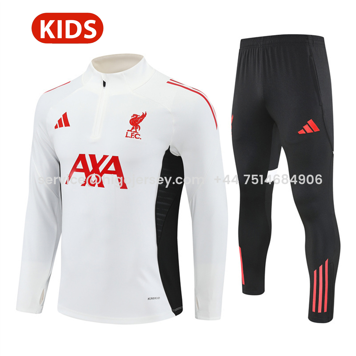 Higojerseys-Liver.pool 25-26 Kids Long Sleeve Training Set - White Top & Black Pants