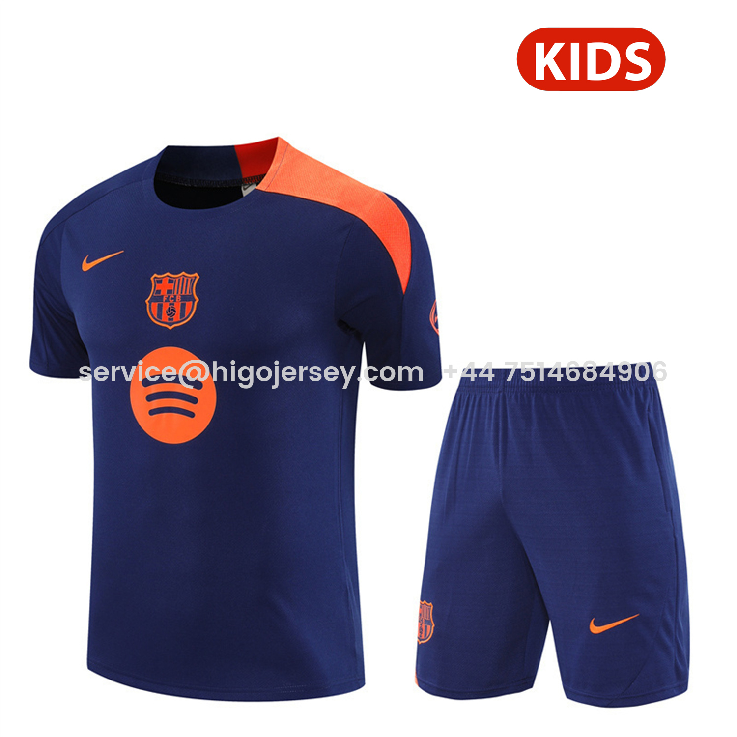 Higojerseys-Barcelona 25-26 Kids Short-Sleeve Training Set - Royal Blue Top Orange Sponsor & Royal Blue Shorts