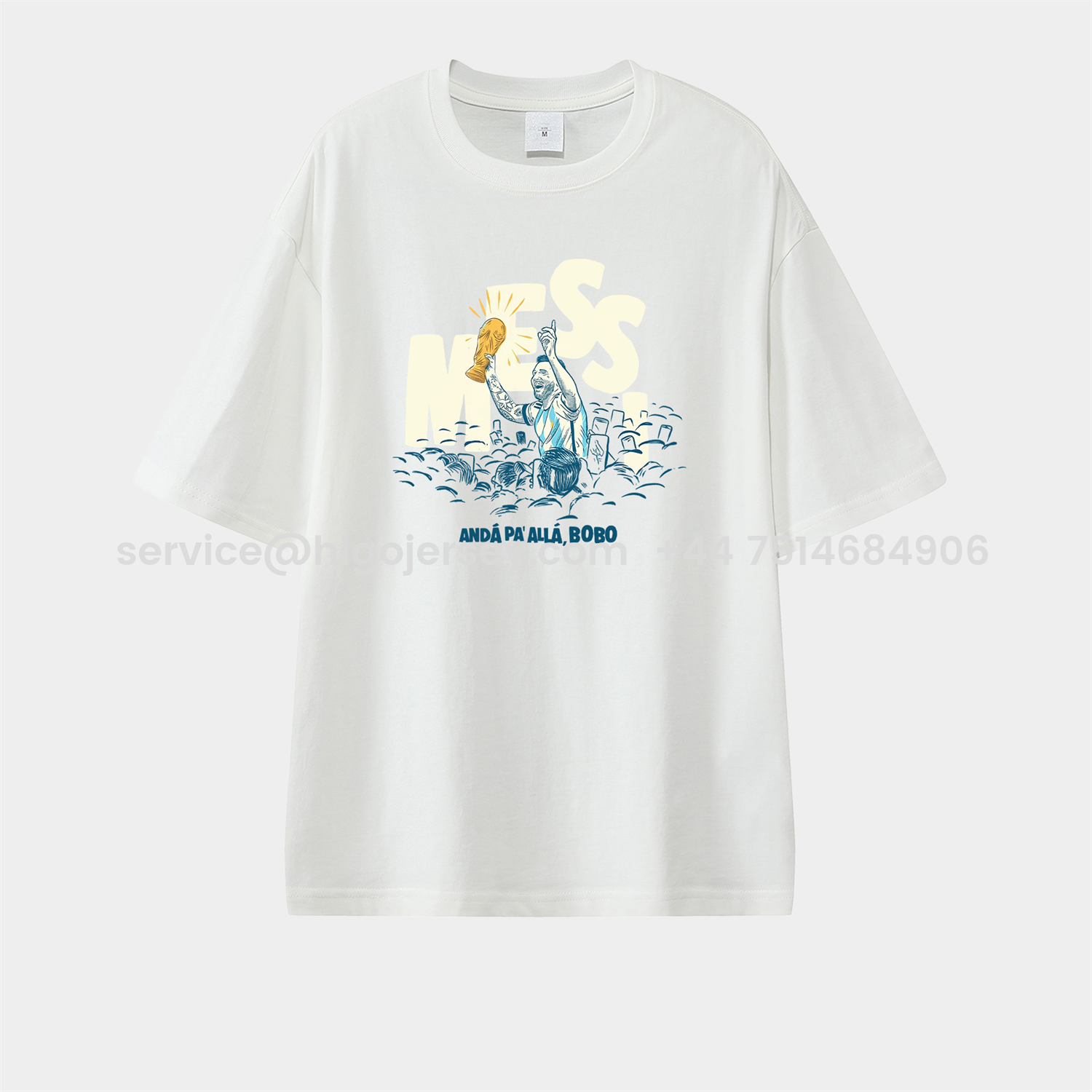 Higojerseys-Argentina Messi World Cup Anda Pa Alla Bobo Unisex Pure Cotton T-shirt