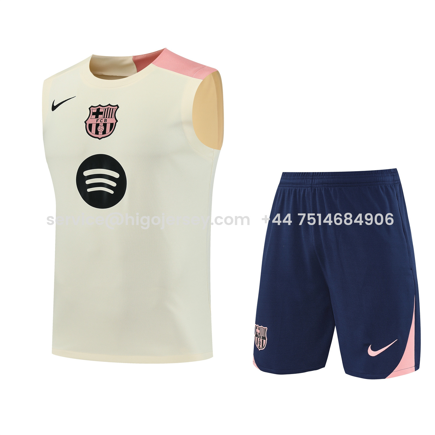 Higojerseys-Barcelona 25-26 Vest Training Set - Cream Vest & Deep Blue Shorts
