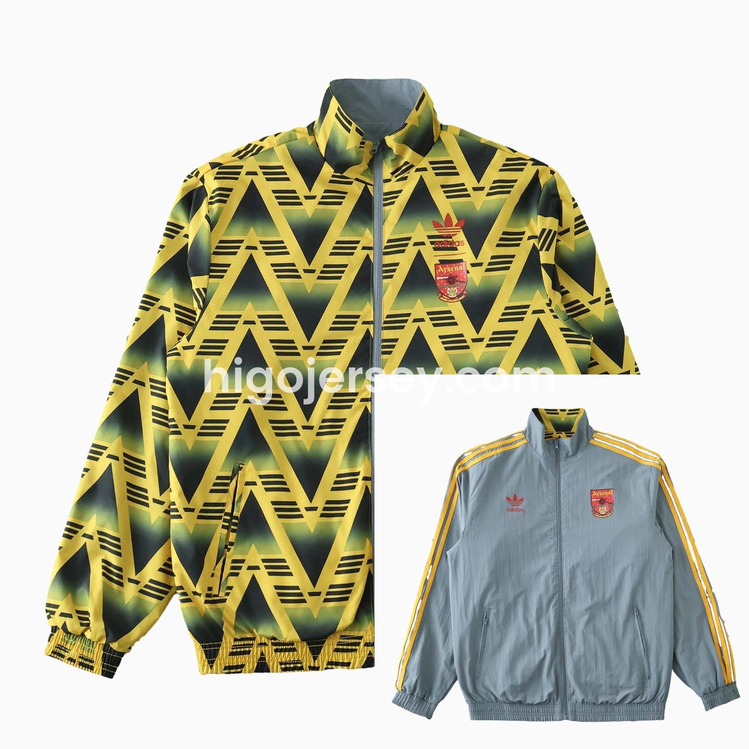 Higojerseys-Retro Arsenal 1991-93 Away Double Sided Reversible Windbreaker - Yellow & Grey
