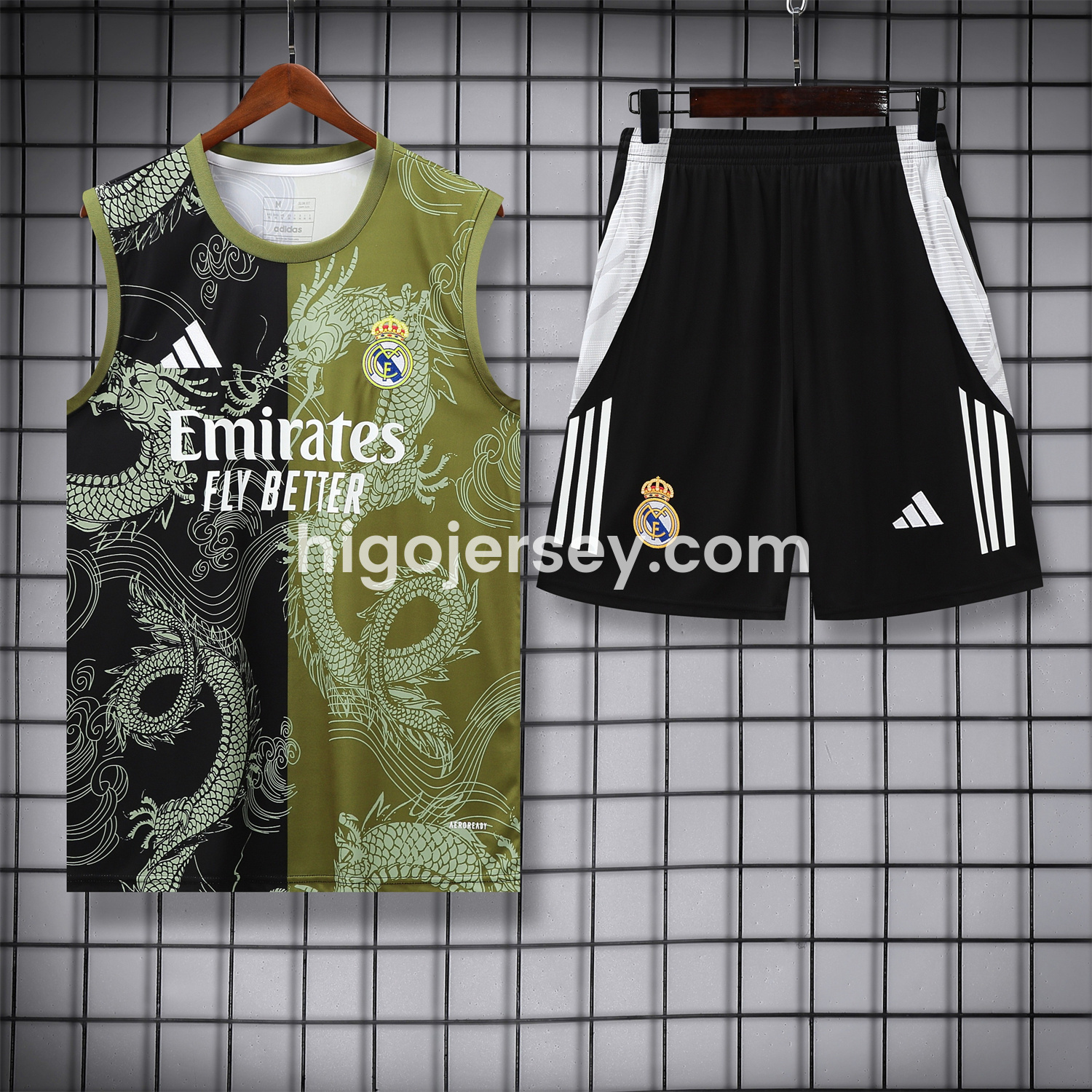 Higojerseys-Real Madrid 25-26 Vest Training Set - Green-Black Dragon Vest & Black-White Shorts