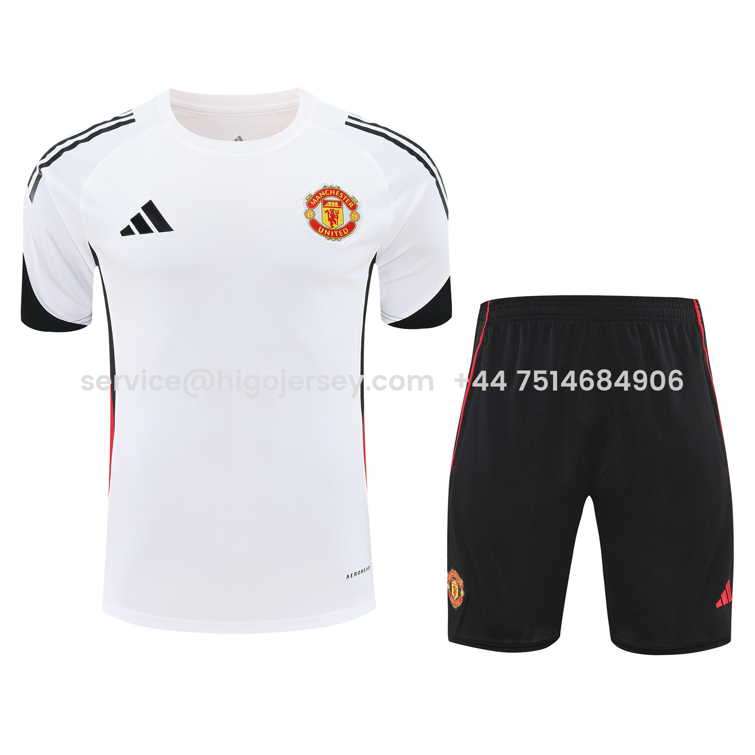 Higojerseys-Manchester United 25-26 Short-Sleeve Training Set - Red Black Blocks White Top & Black Shorts