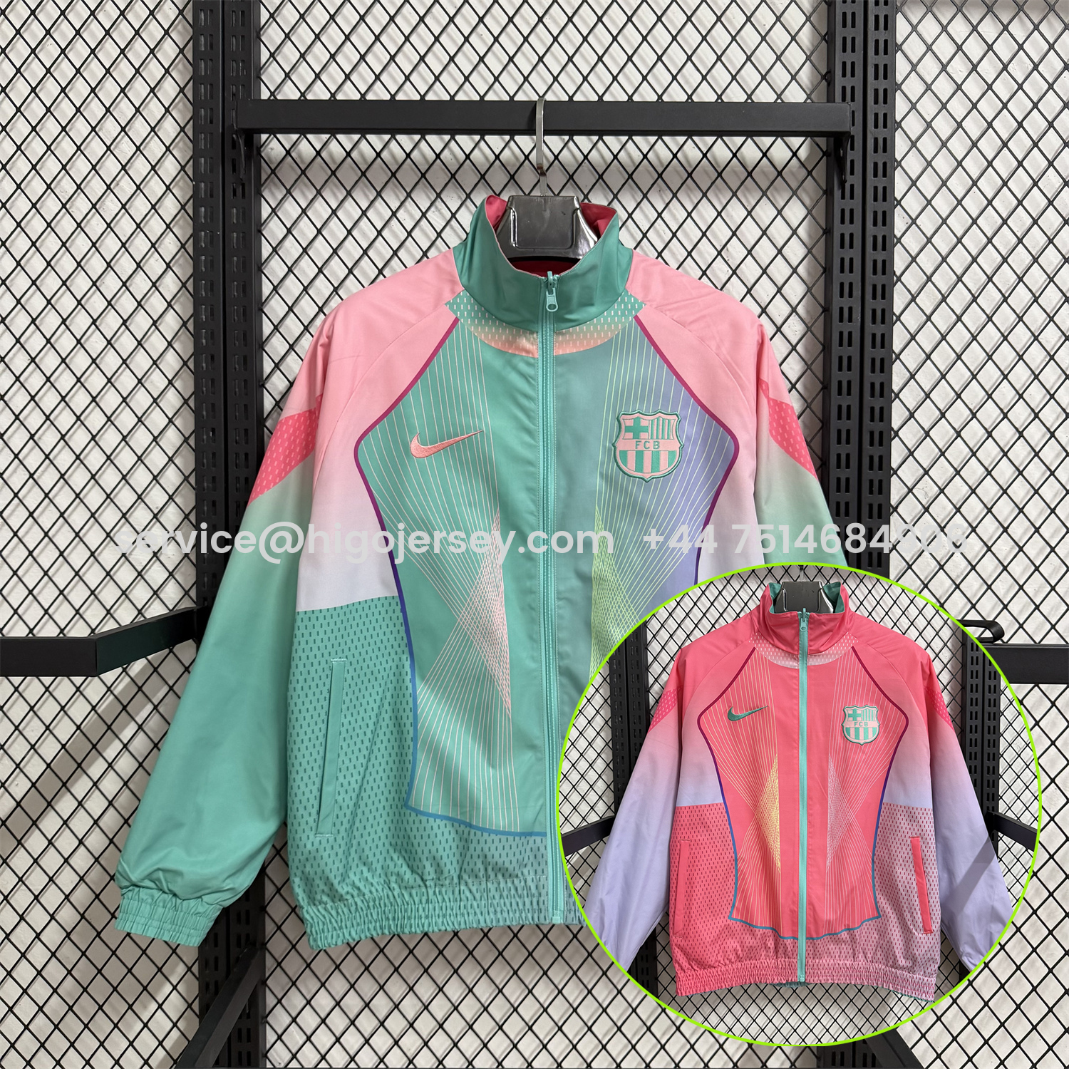 Higojerseys-Barcelona 25-26 Double Sided Reversible Windbreaker - Green & Pink