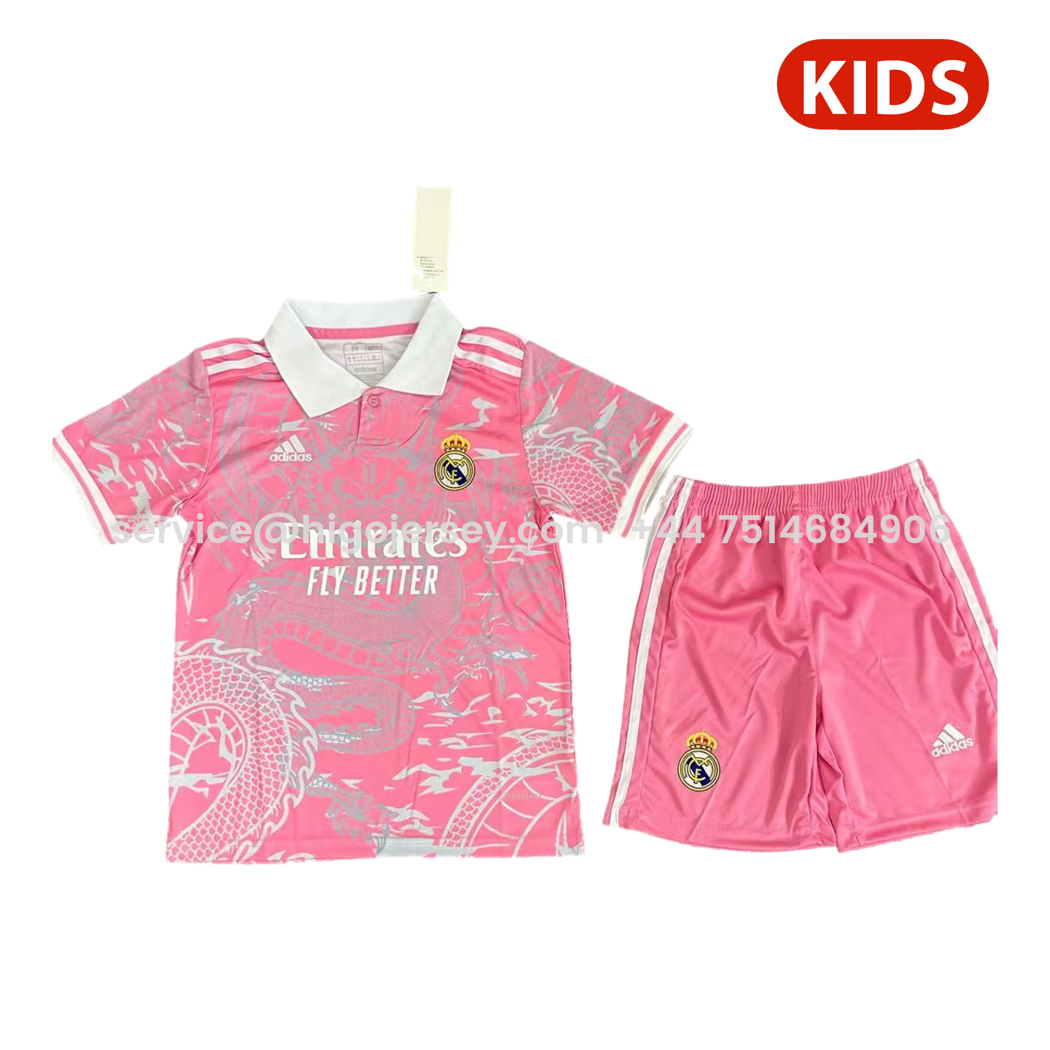 Higojerseys-Real Madrid 25-26 White Dragon Pink Special Polo Kids Kit