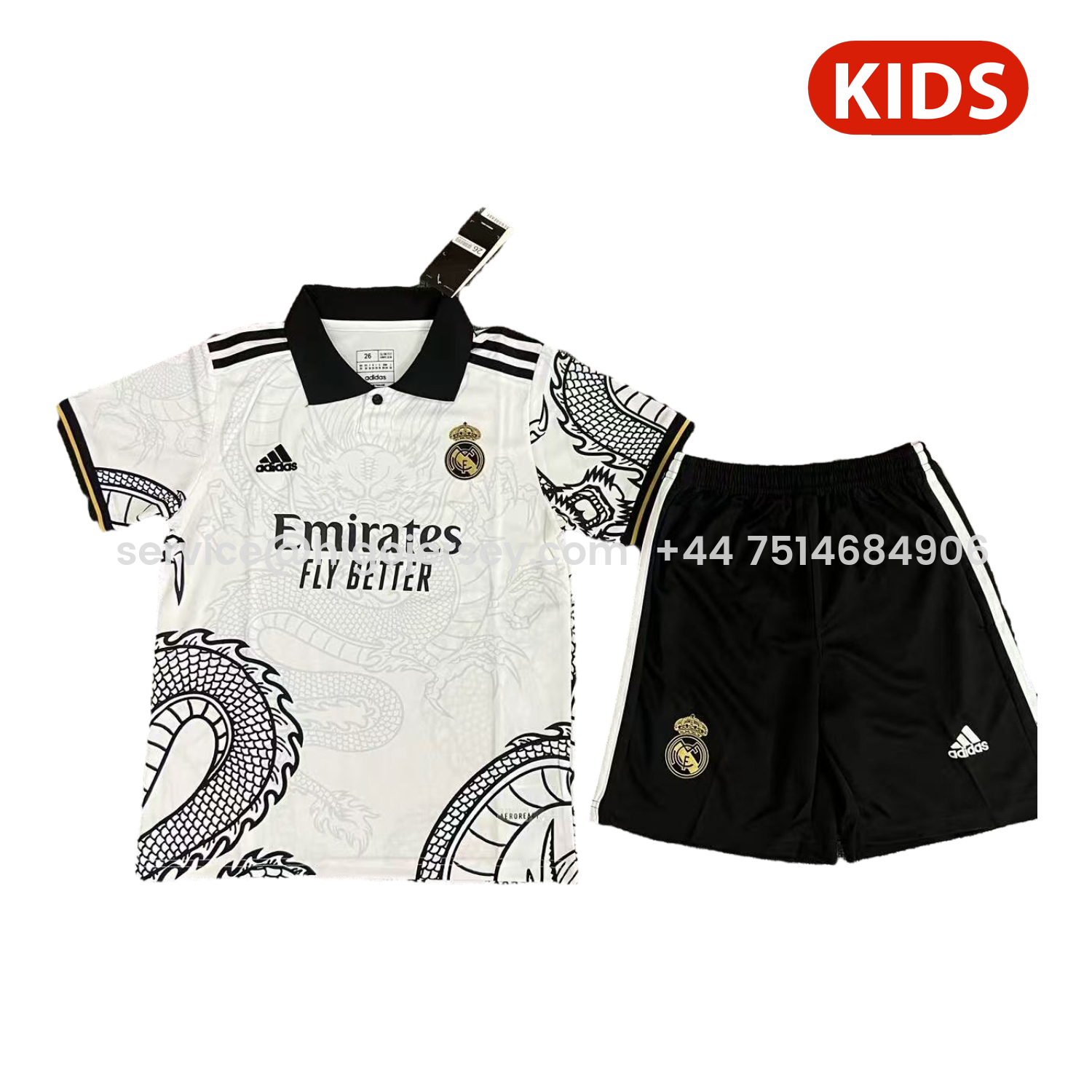 Higojerseys-Real Madrid 25-26 Black Dragon Body White Special Polo Kids Kit