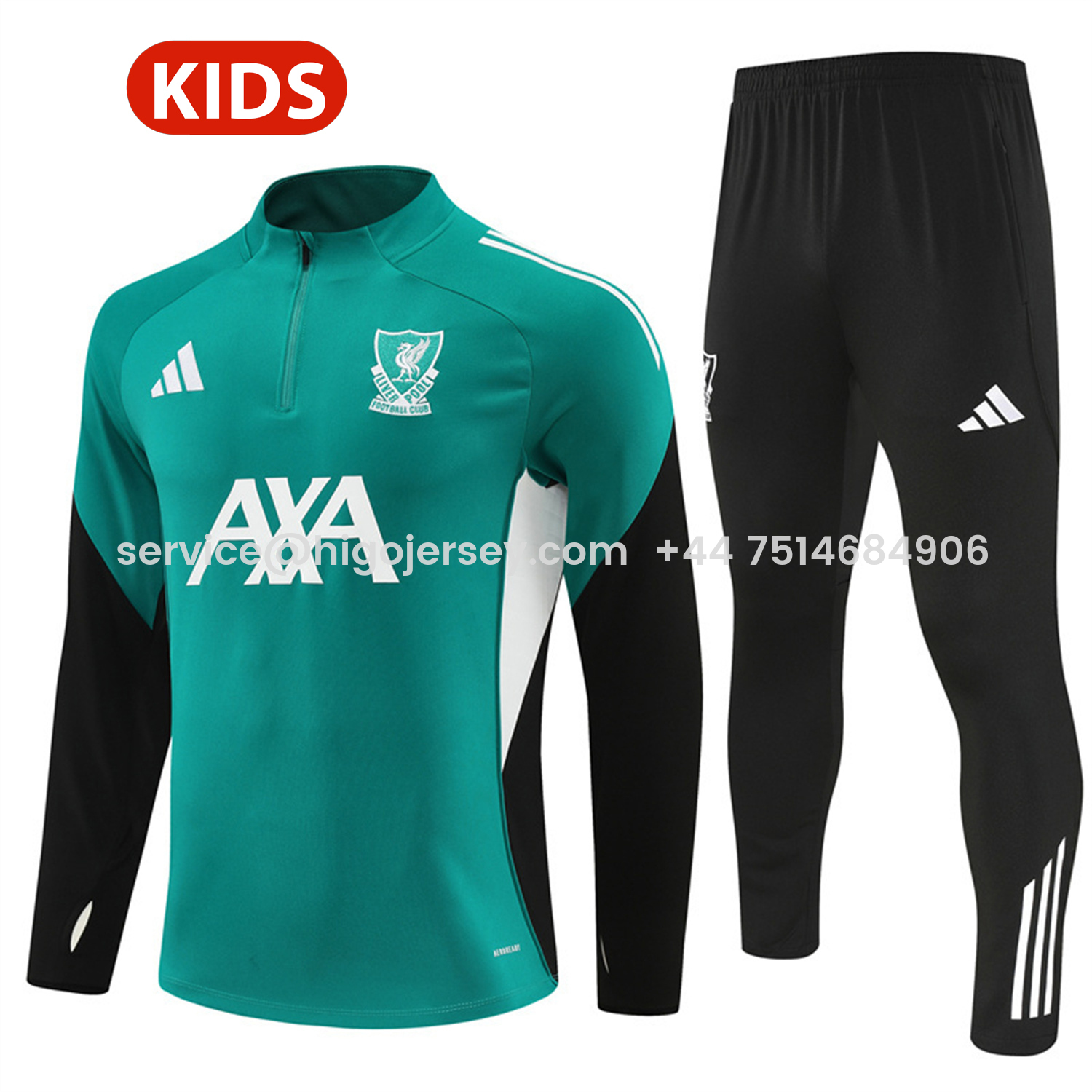 Higojerseys-Liver.pool 25-26 Kids Long Sleeve Training Set - Green Top & Black Pants