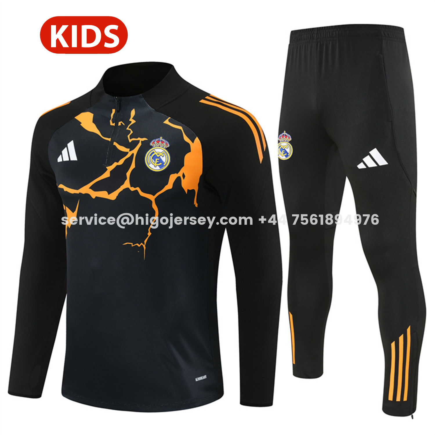 Higojerseys-Real Madrid 25-26 Kids Long Sleeve Training Set - Player Version - Yellow Pattern Black Top and Black Pants