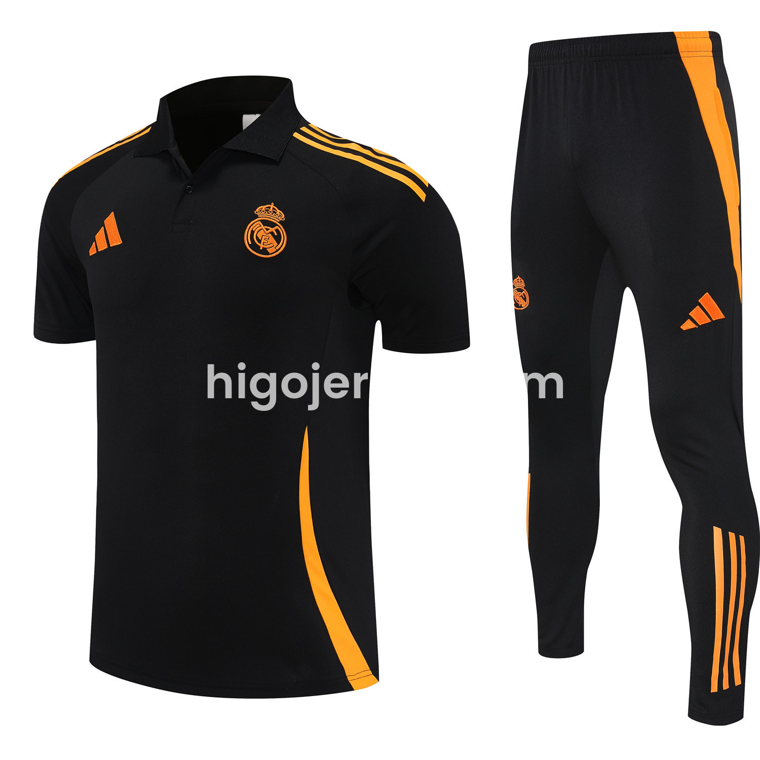 Higojerseys-Real Madrid 25-26 POLO Short-Sleeve Training Set - Black Top and Pants with Yellow Stripes