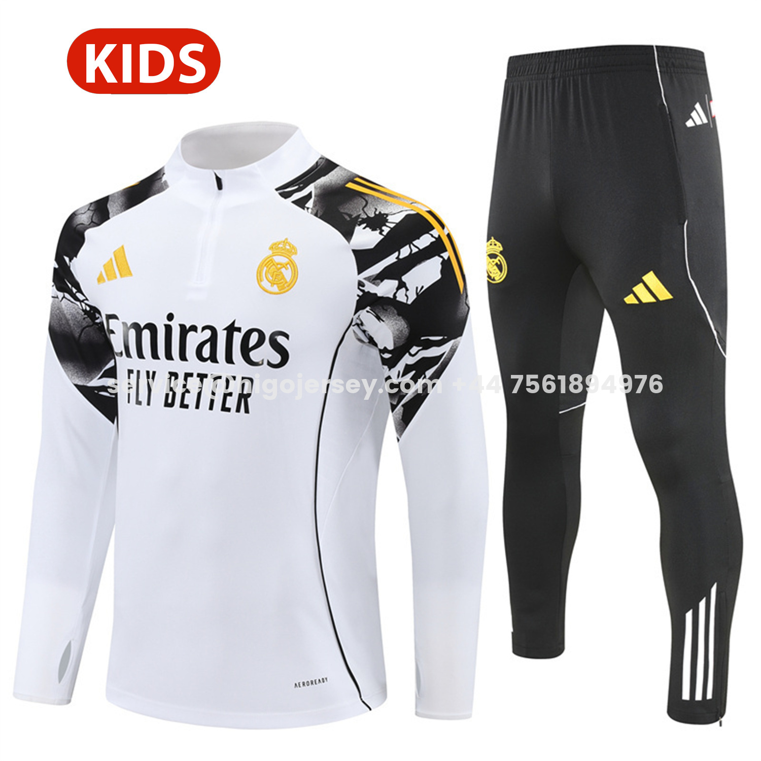Higojerseys-Real Madrid 25-26 Kids Long Sleeve Training Set - White Top & Black Pants