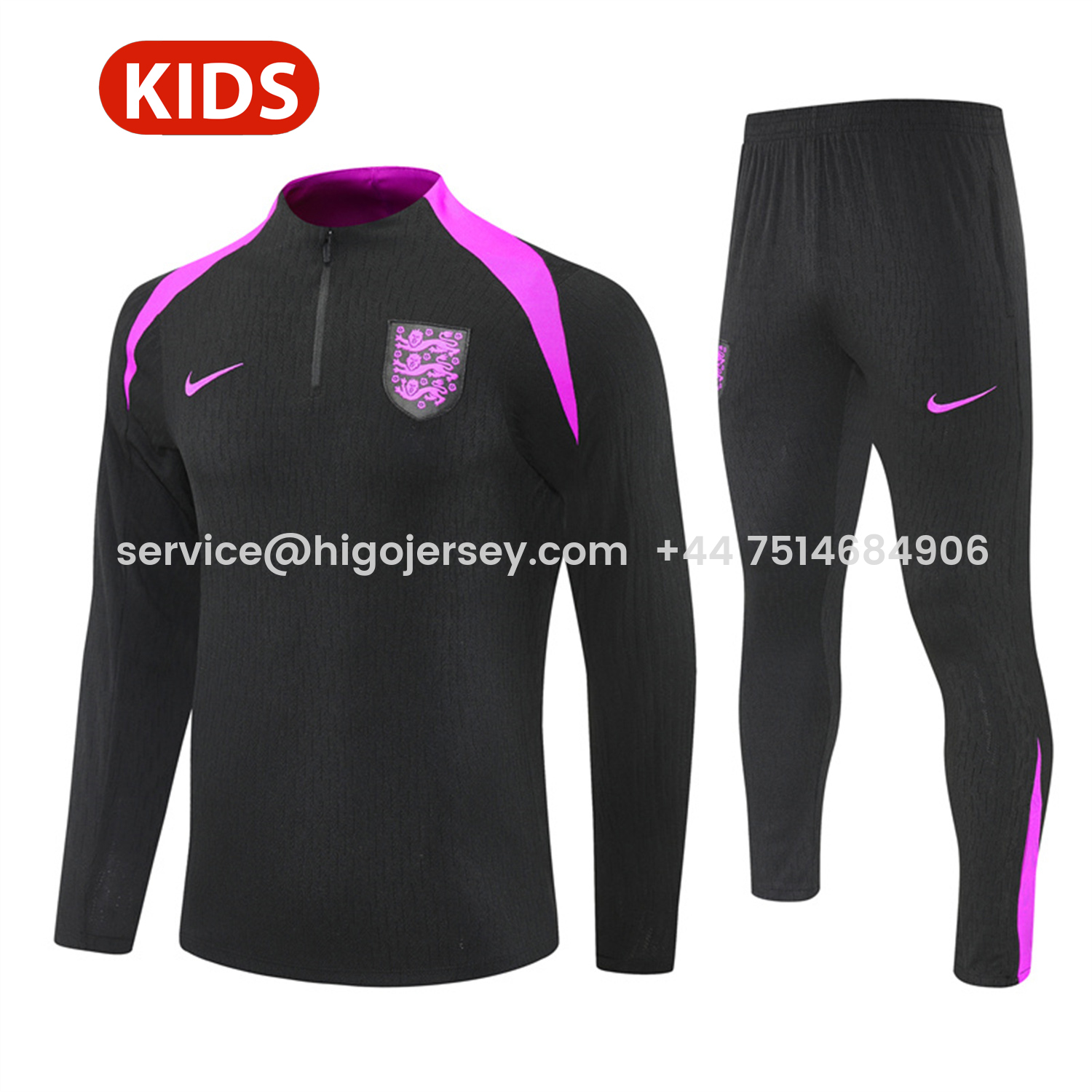 Higojerseys-England 25-26 Kids Long Sleeve Training Set - Player Version - Black Top and Pants