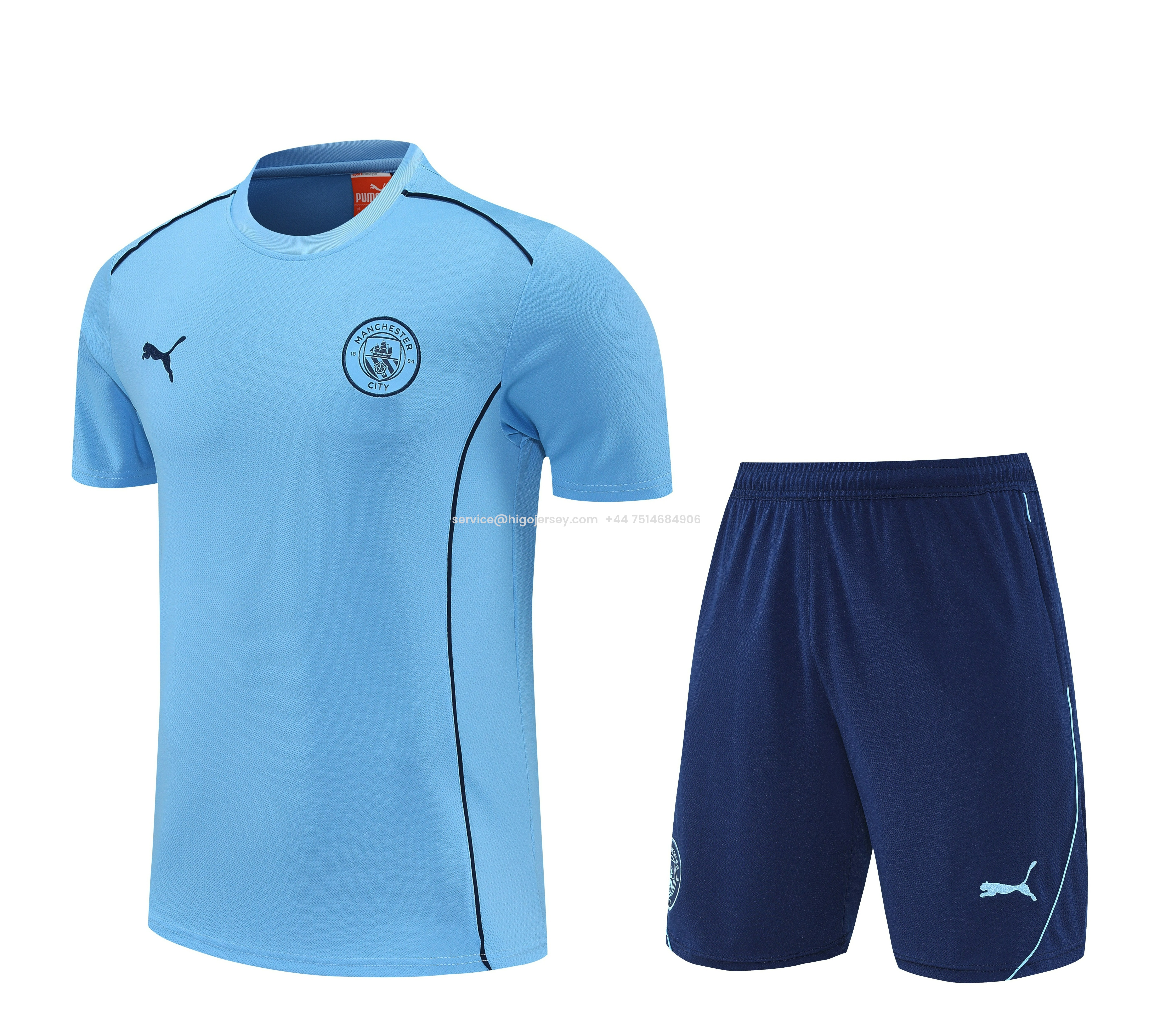 Higojerseys-Manchester City 25-26 Short-Sleeve Training Set - Light Blue Top & Deep Blue Shorts