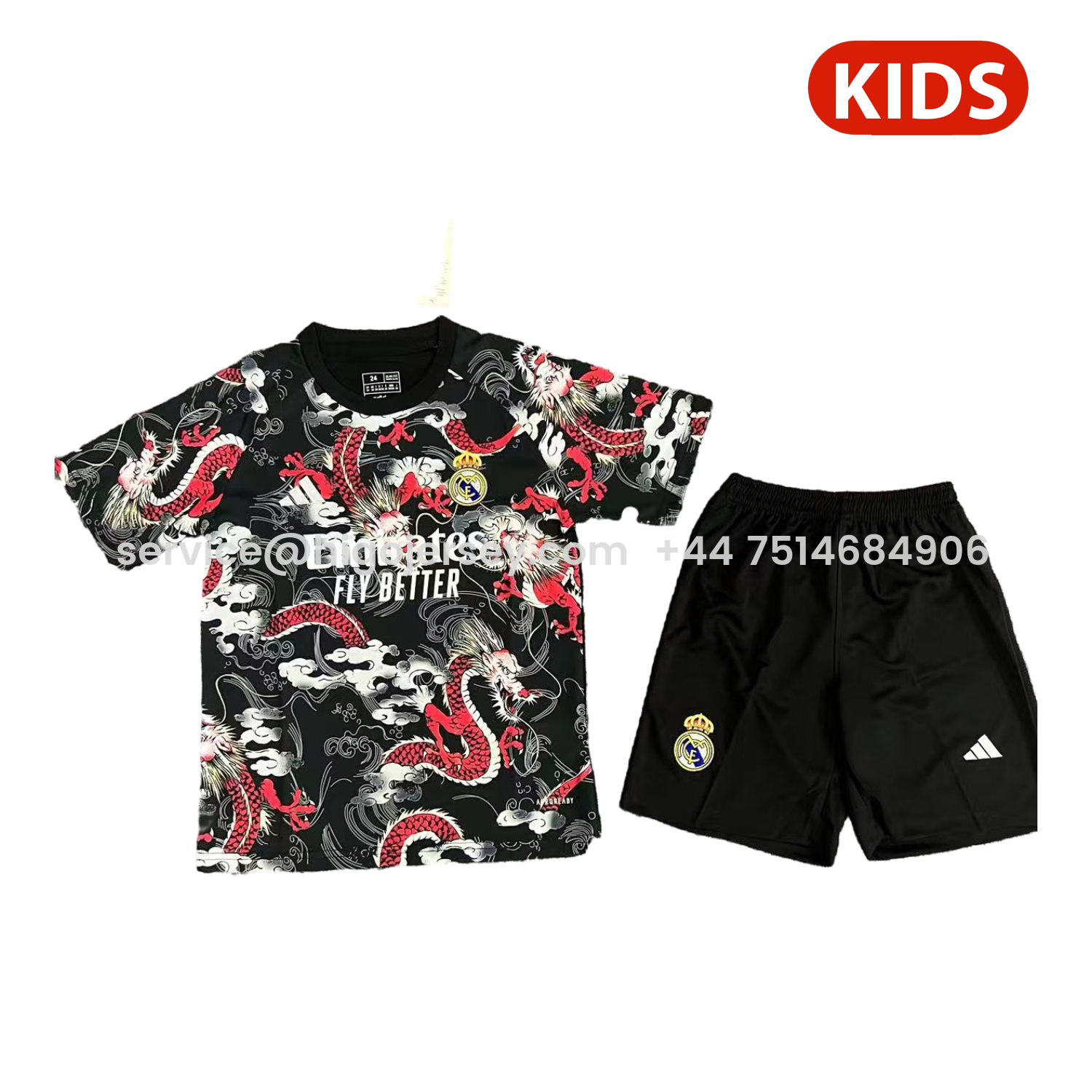 Higojerseys-Real Madrid 25-26 Red Dragon With Cloud Black Special Kids Kit