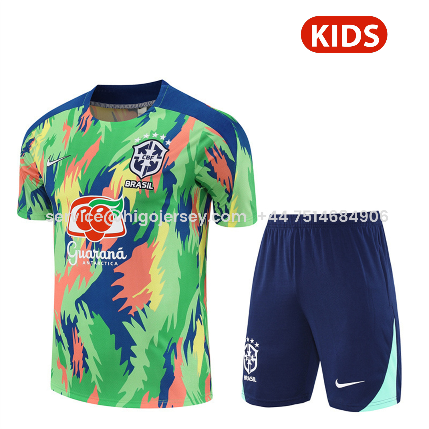 Higojerseys-Brazil 25-26 Kids Short-Sleeve Training Set - Blue Green Camouflage Top & Blue Shorts