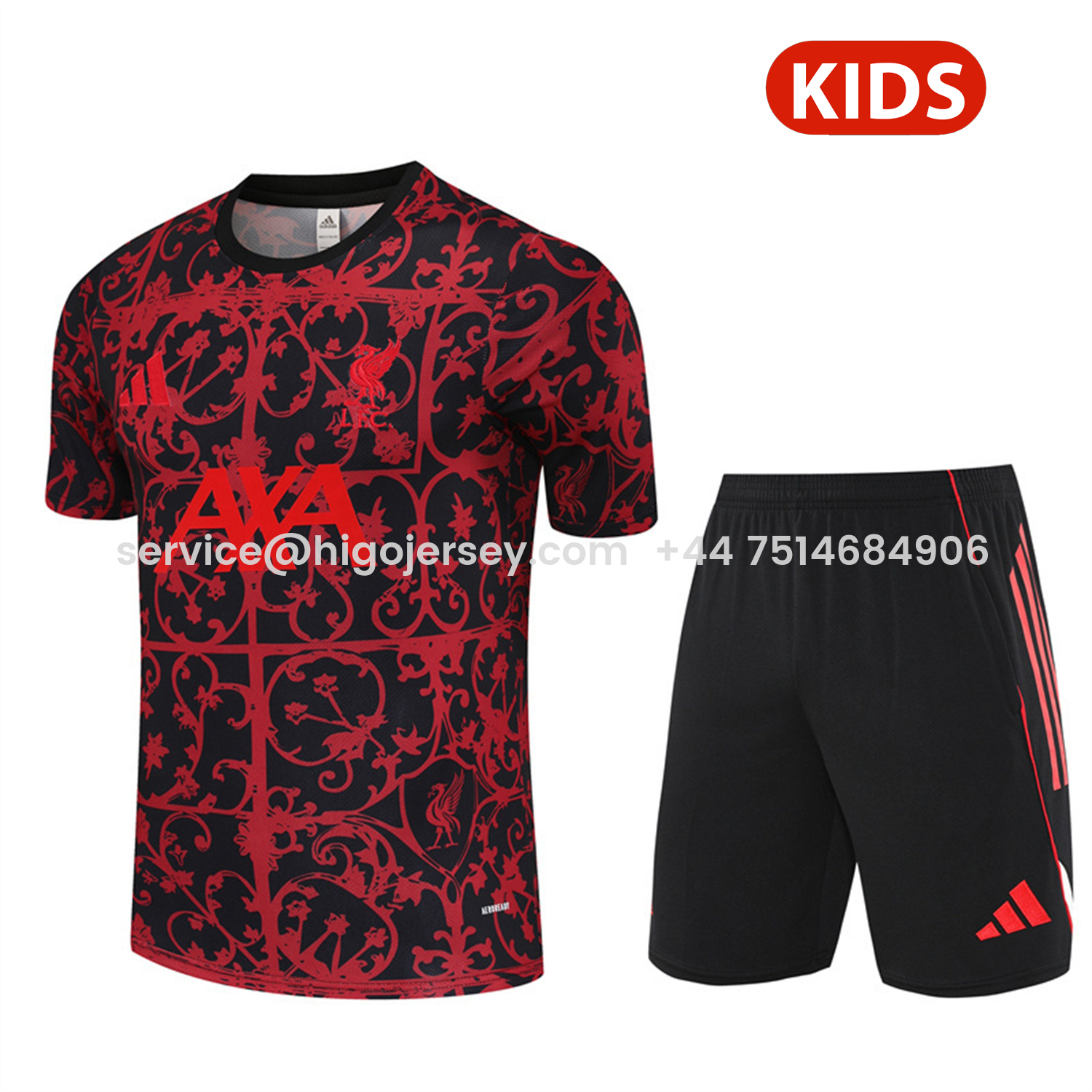 Higojerseys-Liver.pool 25-26 Kids Short-Sleeve Training Set - Red Camouflage Top & Black Shorts