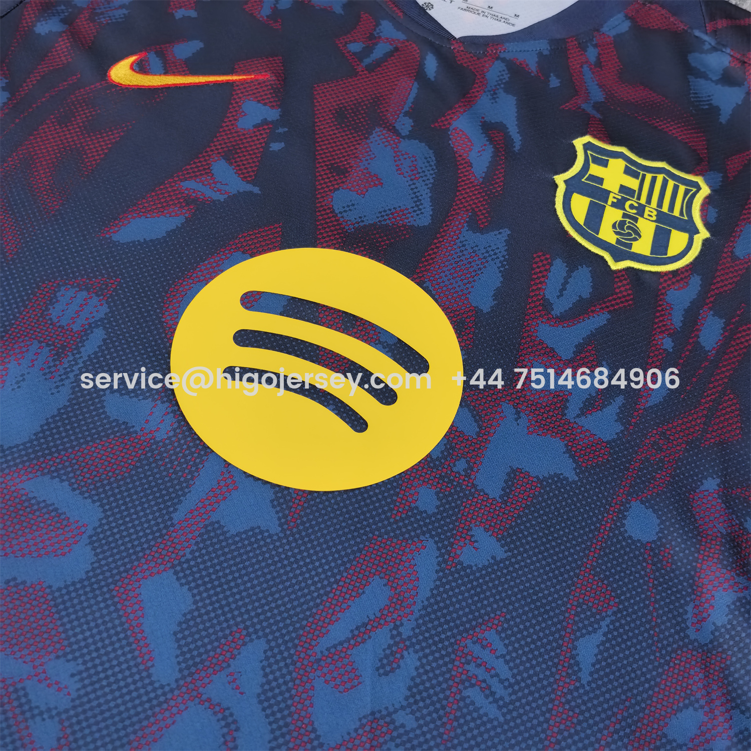 Higojerseys-Barcelona 25-26 Deep Blue Training Jersey with Red and Blue Tree Pattern - Fans Version