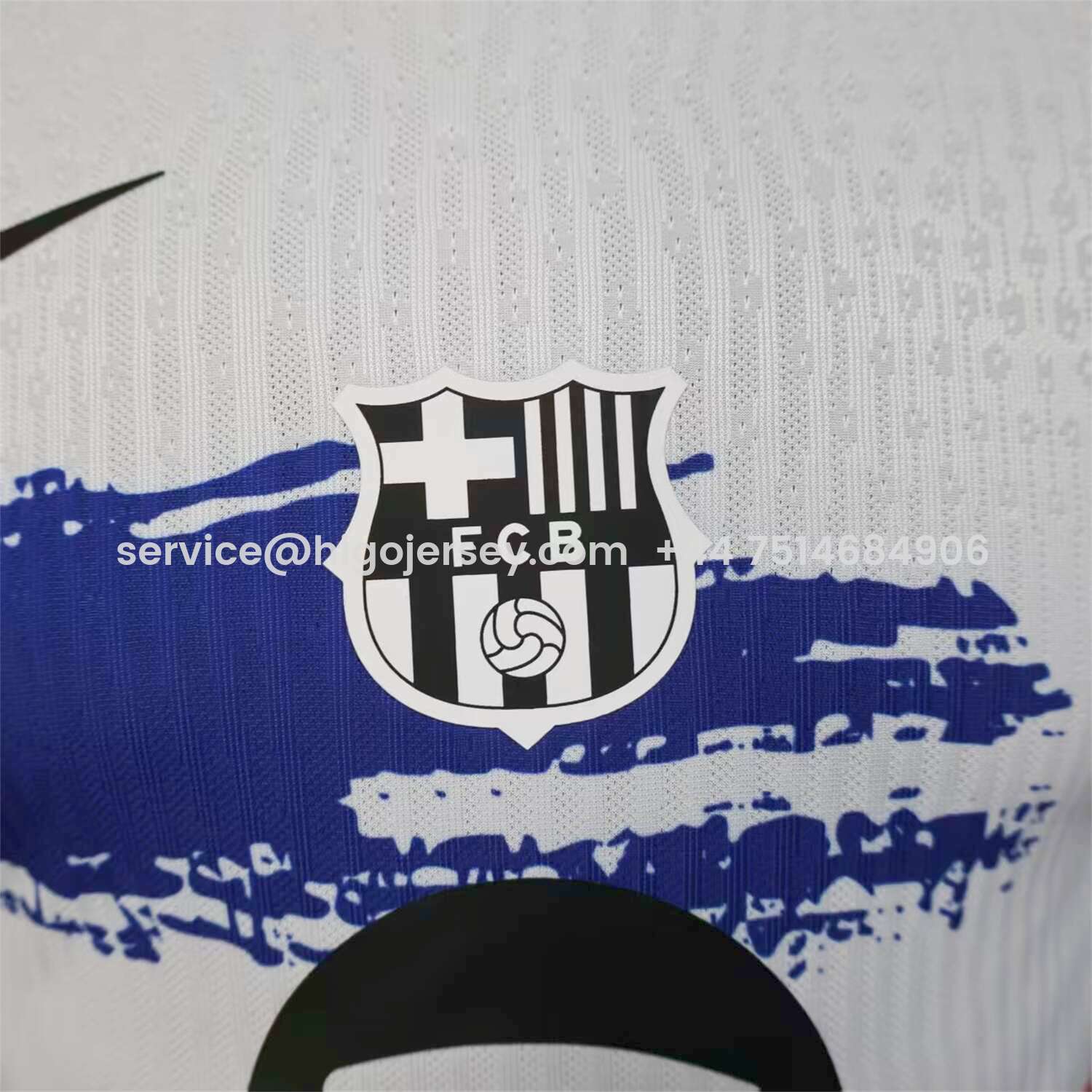 Higojerseys-Barcelona 25-26 White Jersey with Red Blue Ink Horizontal Stripes Jersey - Player Version