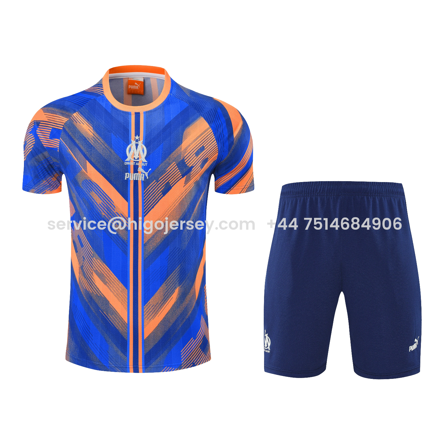 Higojerseys-Marseille 25-26 Short-Sleeve Training Set - Blue Orange Top & Blue Shorts