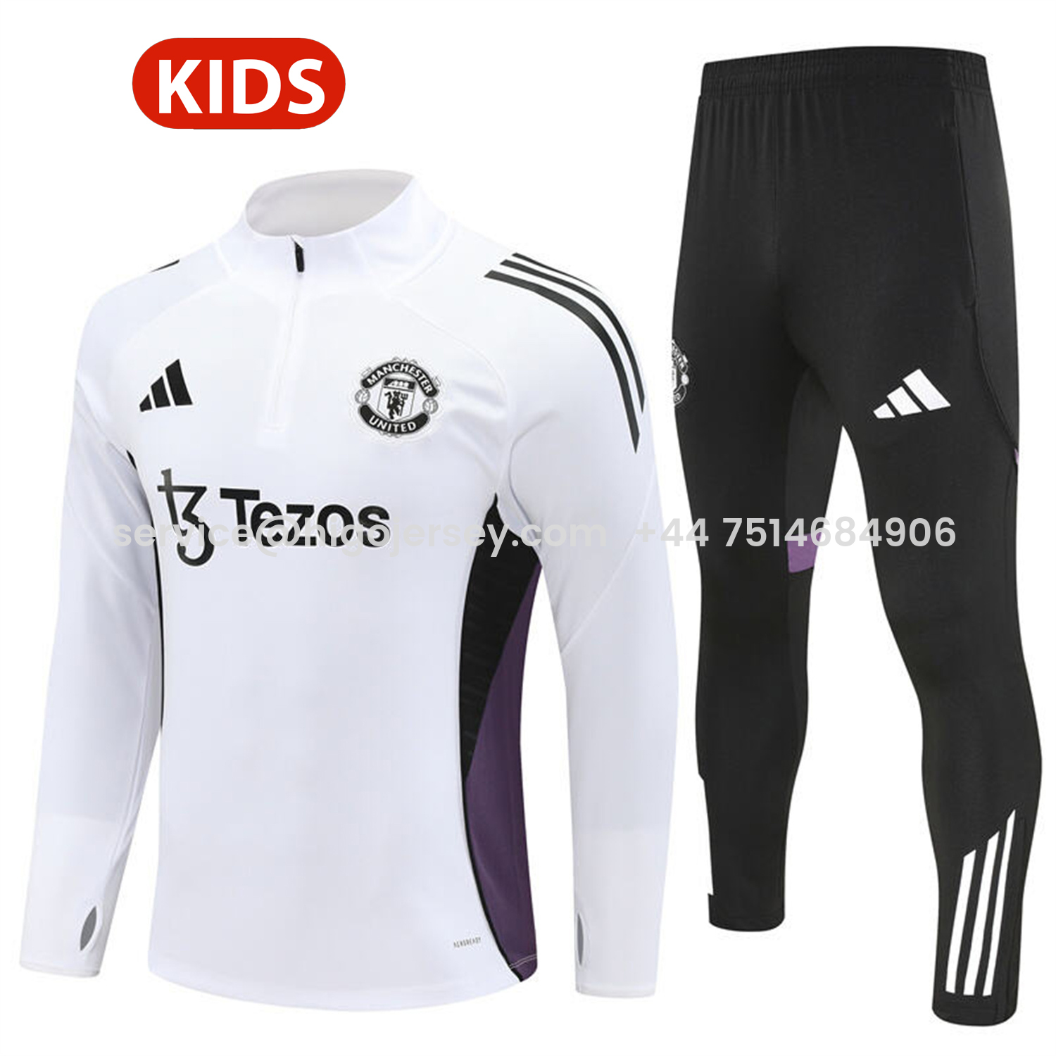 Higojerseys-Manchester United 25-26 Kids Long Sleeve Training Set - White Top & Black Pants