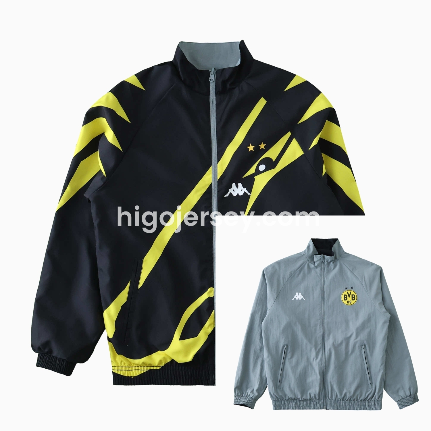 Higojerseys-Borussia Dortmund 24-25 Retro Style Double Sided Reversible Windbreaker - Black & Grey