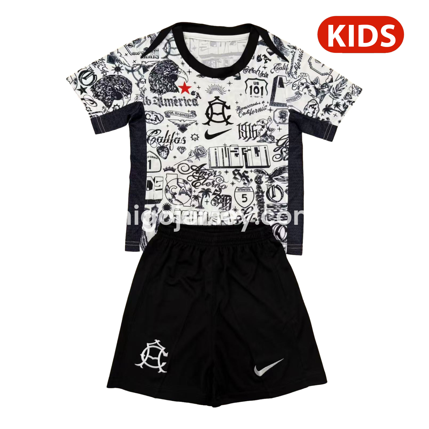 Higojerseys-Club América 24-25 Pre-match Black and White Graffiti Training Kids Kit