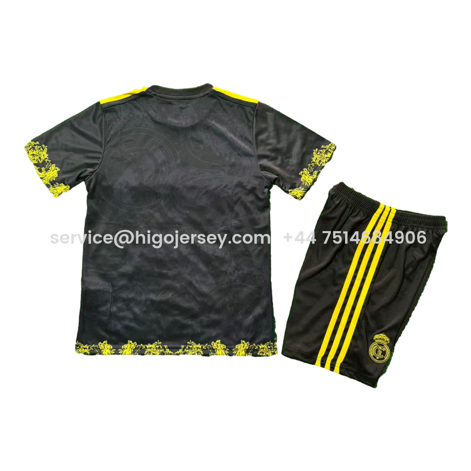 Higojerseys-Real Madrid 25-26 Yellow Dragon Black Special Kids Kit