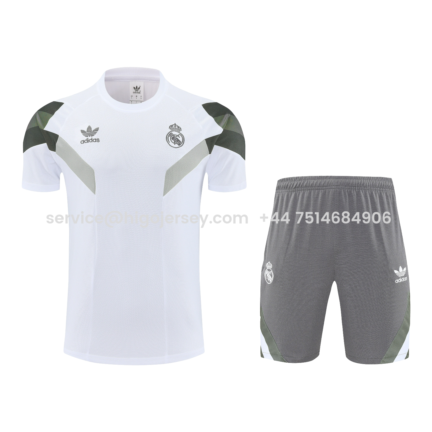 Higojerseys-Real Madrid 25-26 Short-Sleeve Training Set - White Top & Gray Shorts