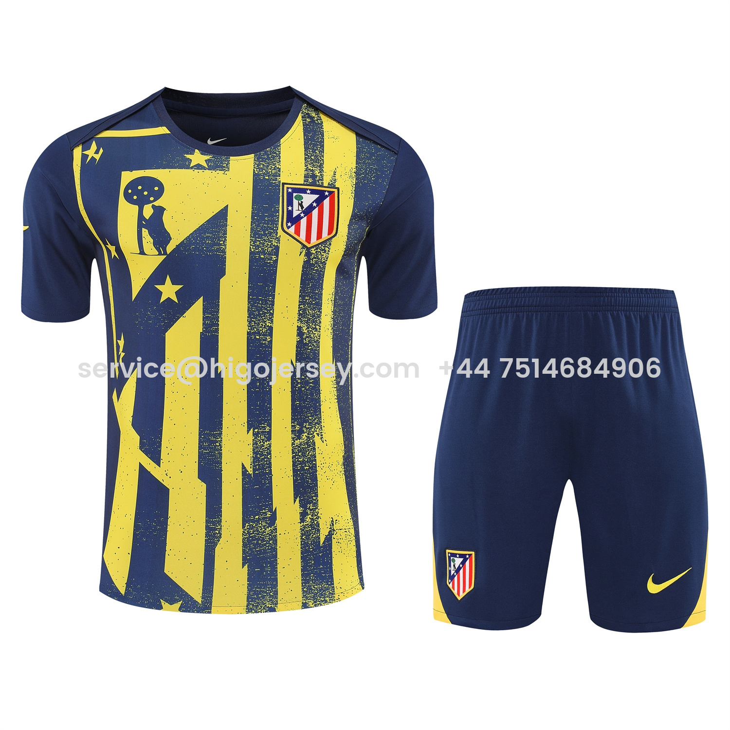 Higojerseys-Atletico Madrid Short-Sleeve Training Set - Blue Yellow Top & Blue Shorts