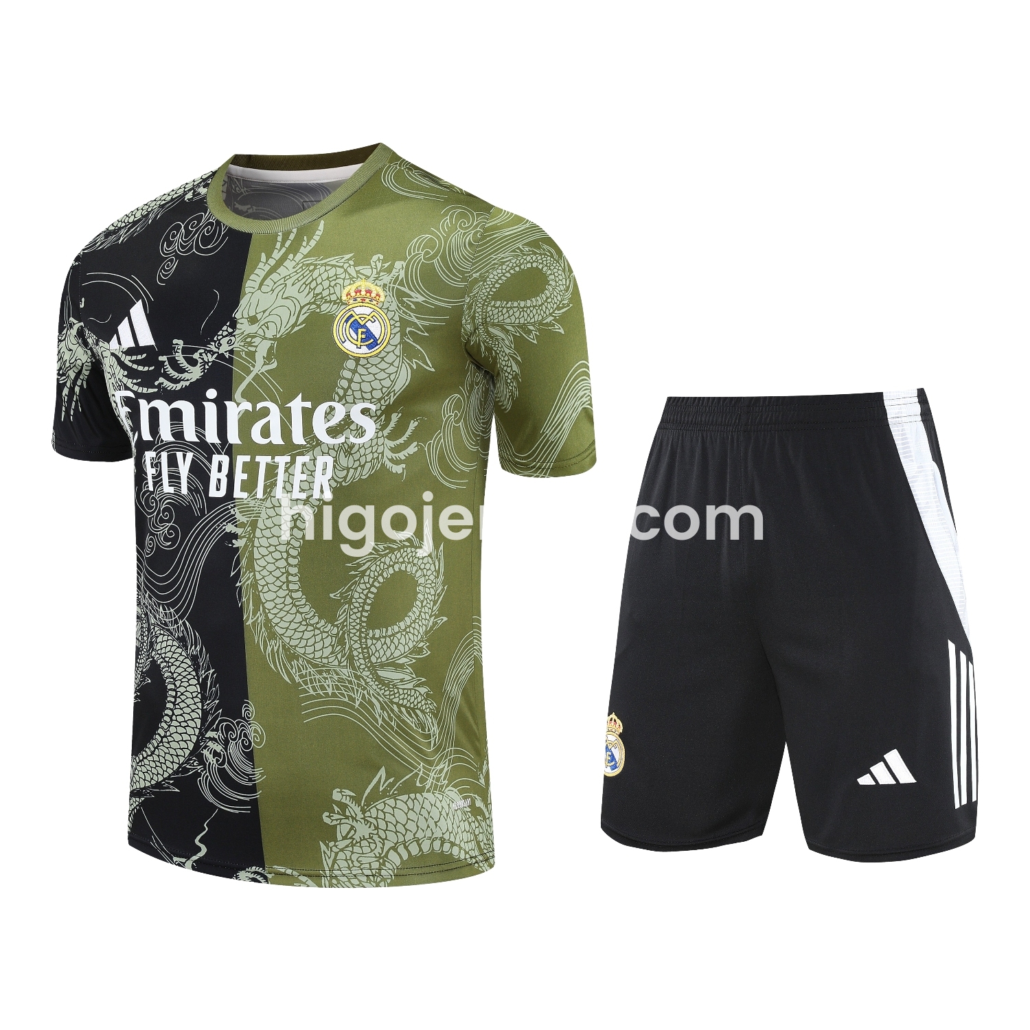 Higojerseys-Real Madrid 25-26 Short-Sleeve Training Set - Green-Black Dragon Top & Black-White Shorts