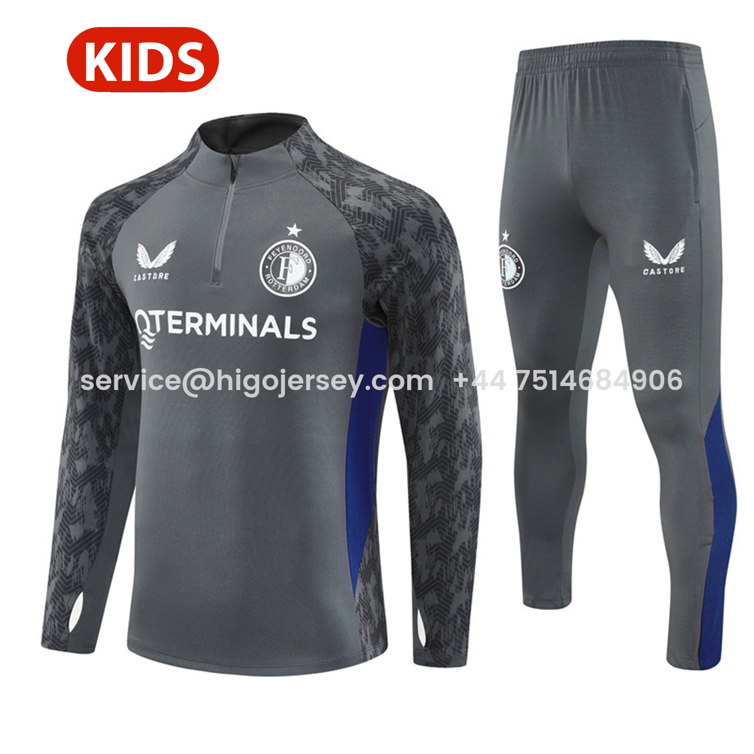 Higojerseys-Feyenoord 25-26 Kids Long Sleeve Training Set - Dark Gray Top & Dark Gray Pants