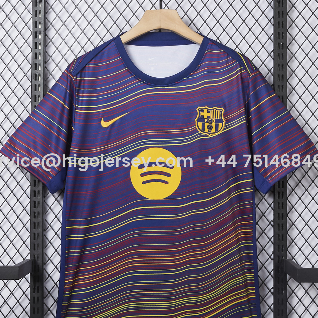 Higojerseys-Barcelona 25-26 Deep Blue Pre-Match Training Jersey with Colorful Lines - Fans Version