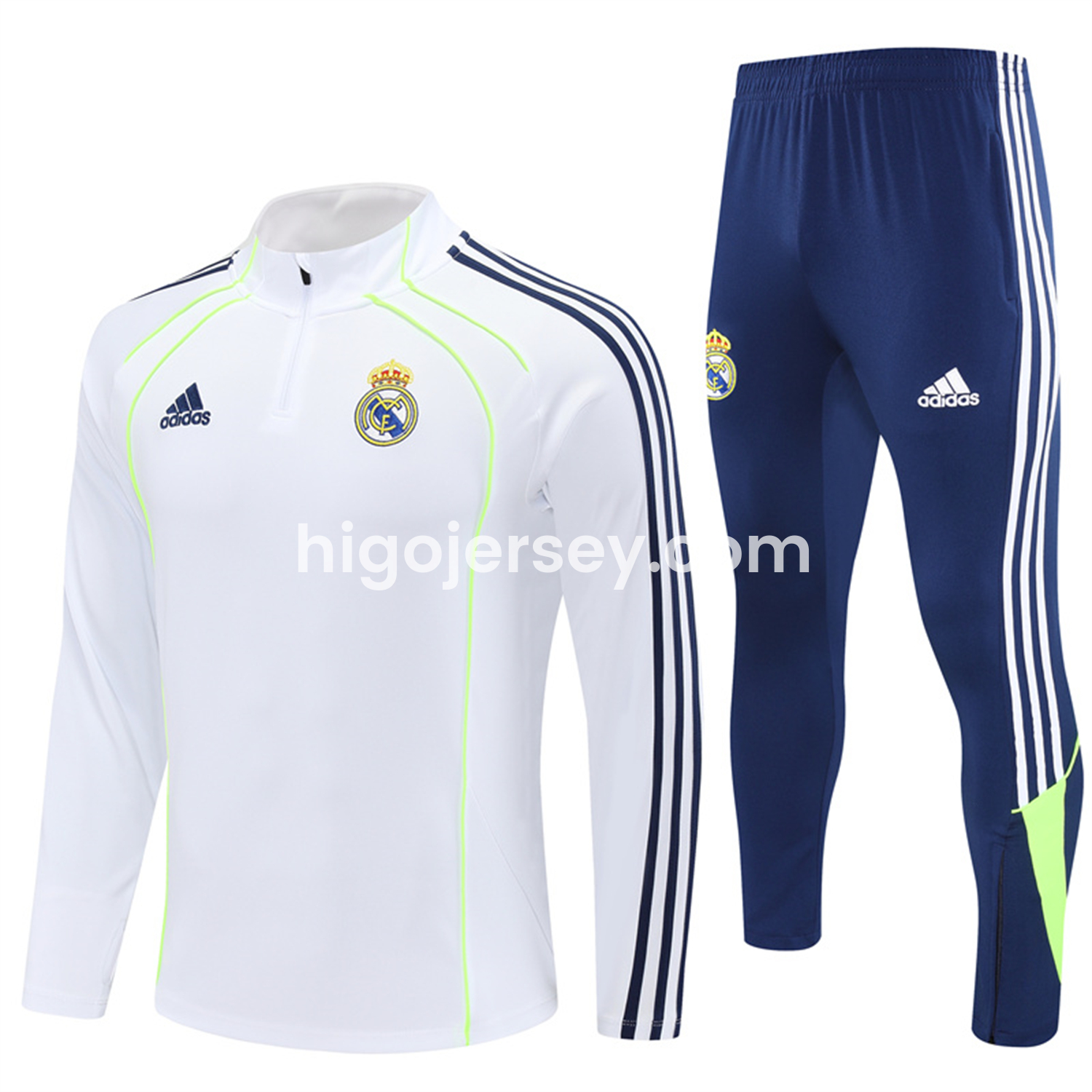 Higojerseys-Real Madrid 25-26 Long Sleeve Training Set - Green Line White Top and Blue Pants